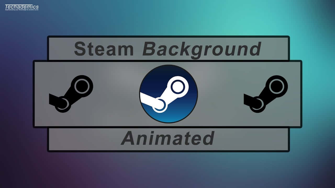 蒸氣龐克 桌布 壁紙 — 一個風格化的 Steam 標誌居中於金屬面板上，帶有 'Steam Background' 和 'Animated' 文字，背景為漸變藍色。