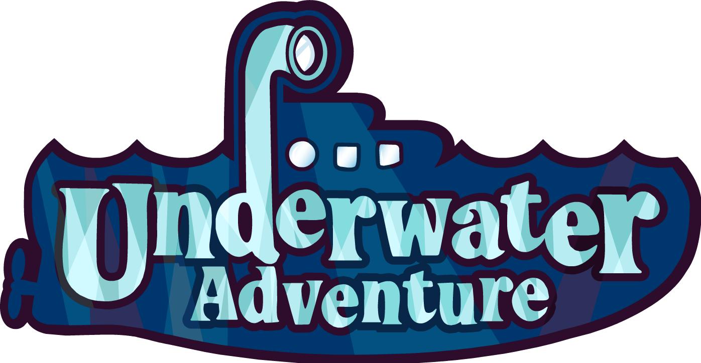 水下動畫 桌布 壁紙 — 一個風格化的「Underwater Adventure」標誌，以潛艇和波浪形藍色字體為特色，背景為黑色。