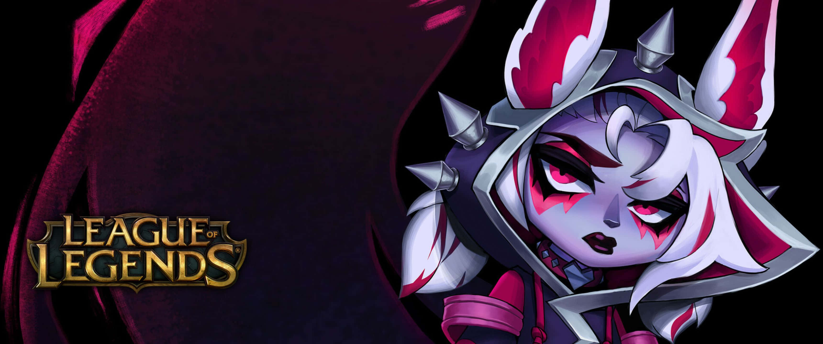 3440x1440p League Of Legends 桌布 壁紙 — 一個風格化的《英雄聯盟》角色，擁有白色和紅色的頭髮、鋒利的角，以及在深酒紅色背景下的威脅性凝視。