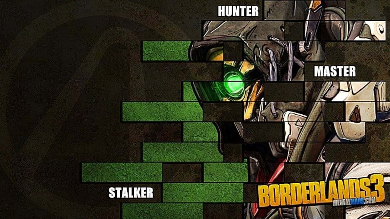 1366x768 Borderlands 3 桌布 壁紙 — 一個風格化的《邊緣禁地3》角色，擁有發光的綠色眼睛和破碎的盔甲碎片，露出「HUNTER MASTER STALKER」文字。
