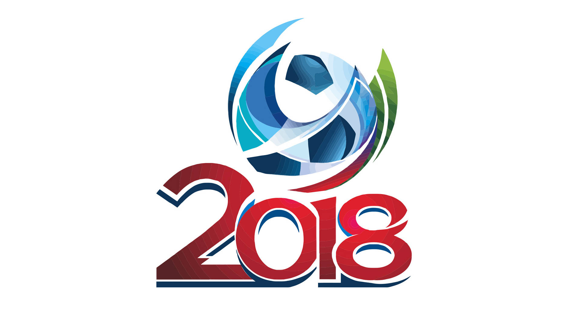 World 桌布 壁紙 — 一個風格化的2018標誌，包含一個藍白相間的足球，帶有綠色葉子點綴和紅色漸變數字。