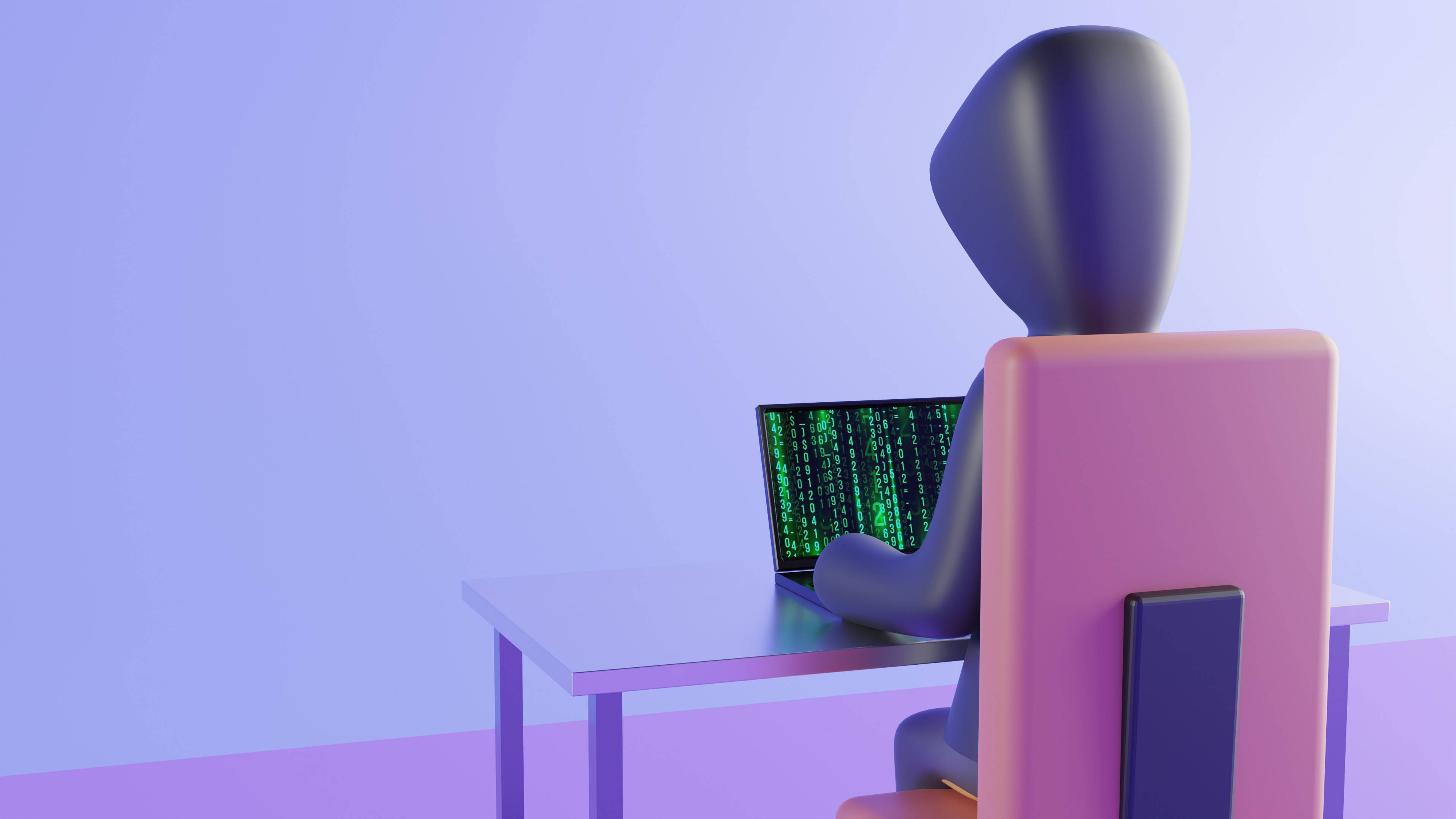Cybersecurity 桌布 壁紙 — 一個風格化的3D人物坐在書桌前，在顯示綠色數位代碼的筆記型電腦上打字，背景是柔和的紫色漸層。