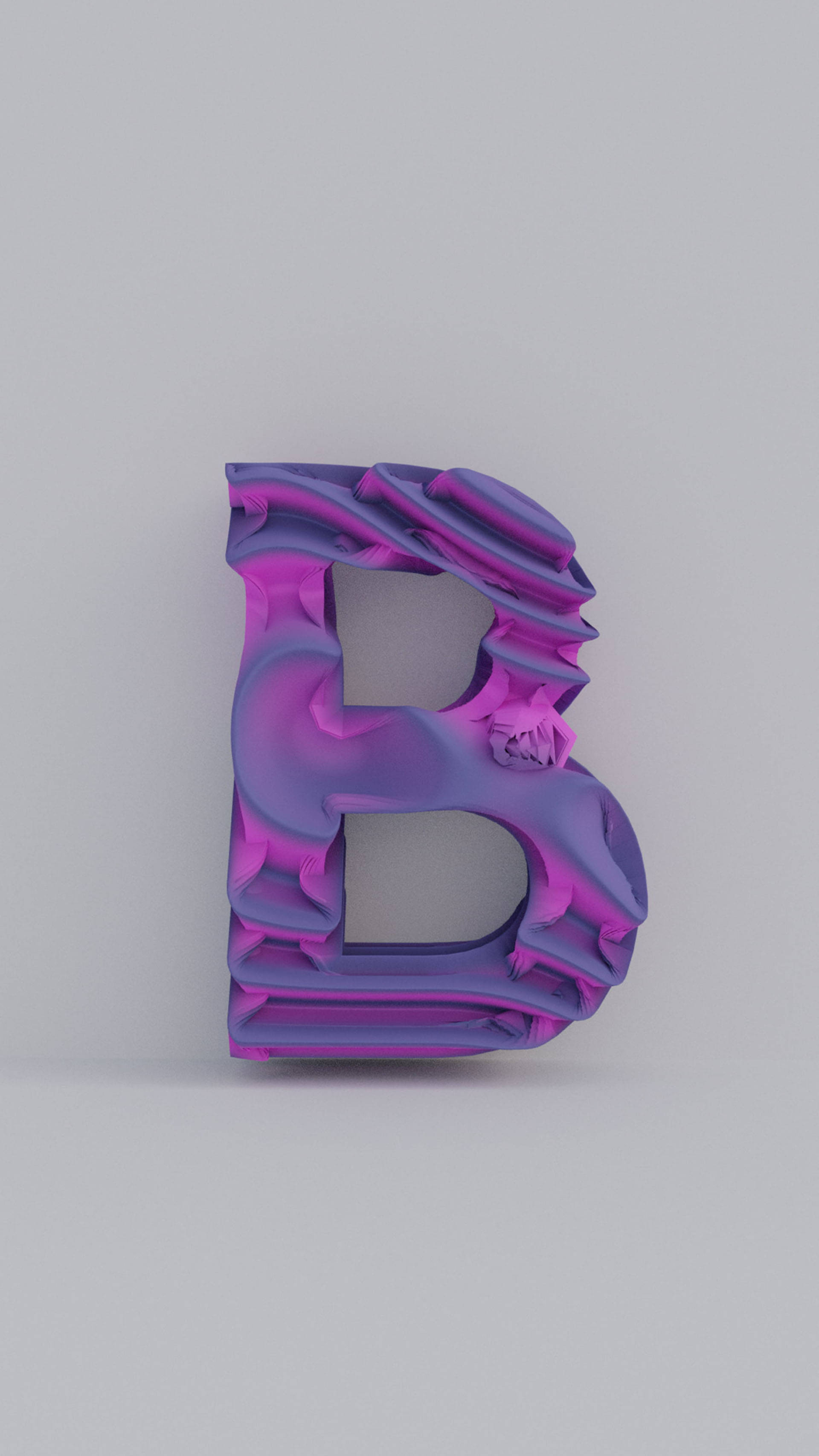 字母B 桌布 壁紙 — 一個風格化的3D字母B，帶有流動的紫色和洋紅色漸變，背景為純灰色。