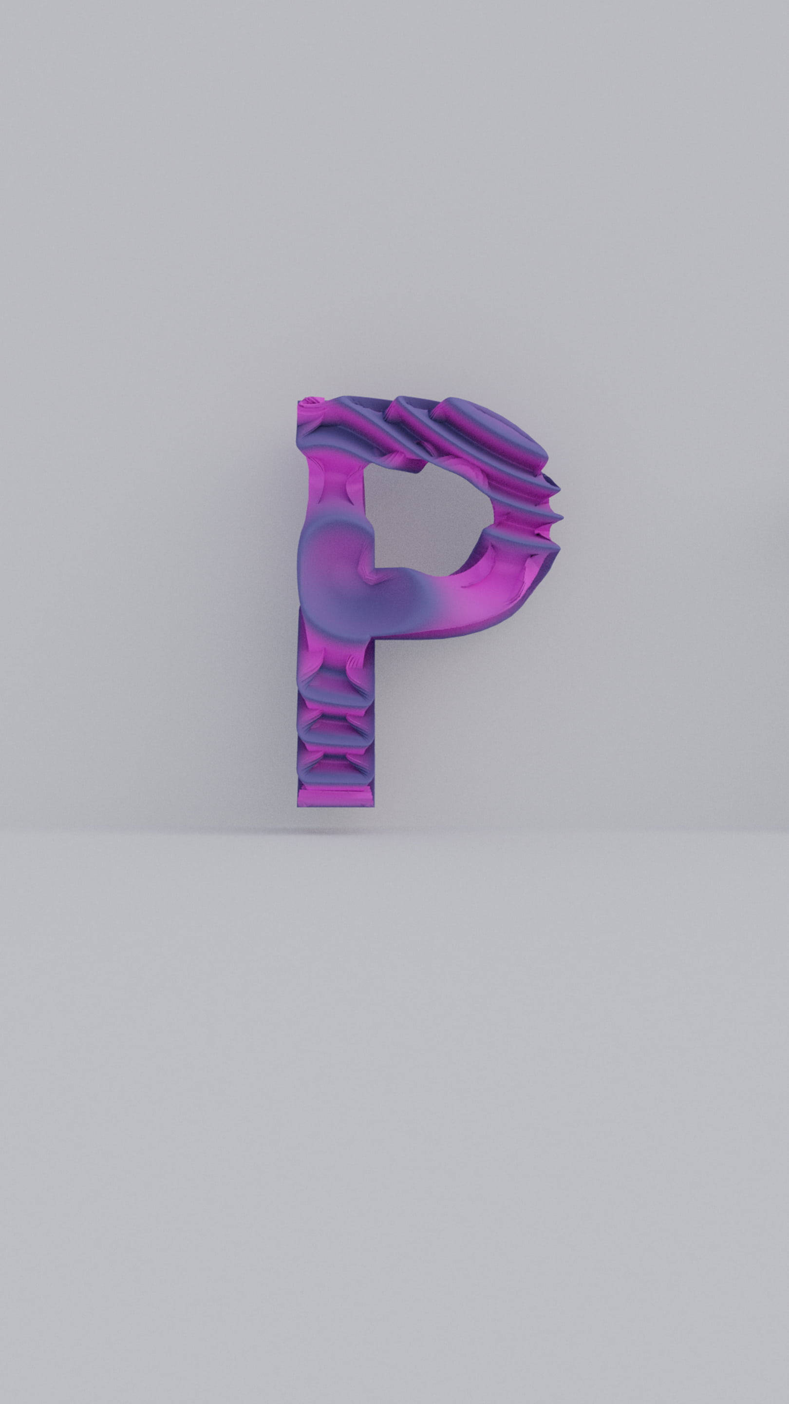字母P 桌布 壁紙 — 一個風格化的3D字母P，帶有紫色和藍色的漸變色調，立在純淺灰色背景上。