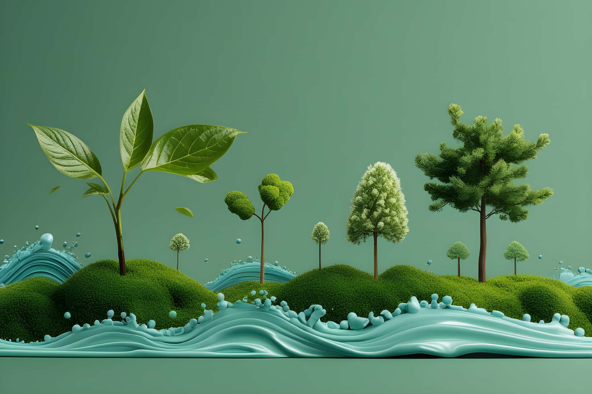 Beautiful art of nature 壁紙 — 一個風格化的3D景觀，有長滿苔蘚的綠色山丘和樹木從藍綠色的液體波浪中浮現，背景為深藍綠色。