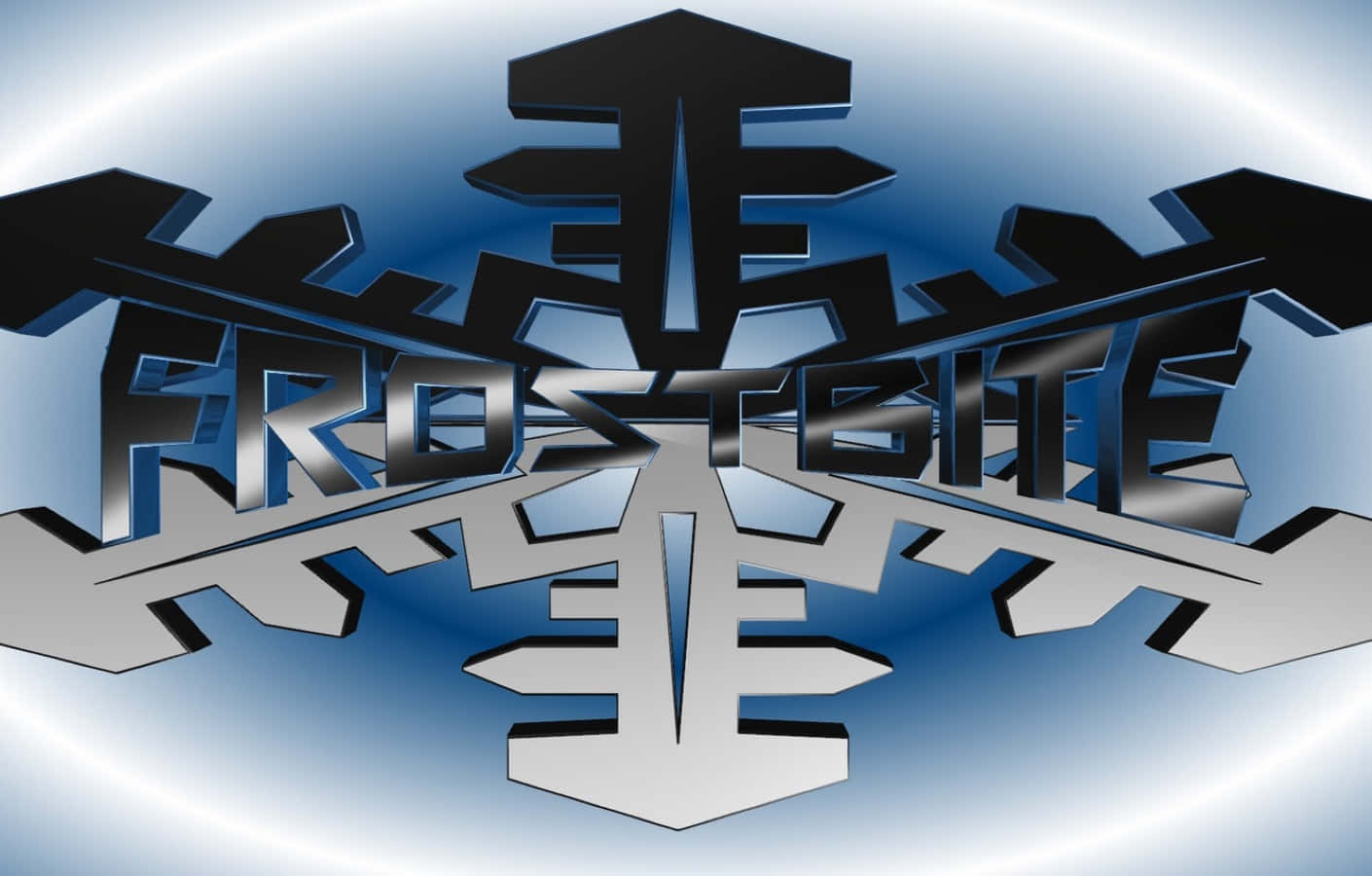 Frostbite 桌布 壁紙 — 一個風格化的3D標誌「FROSTBITE」，帶有冰冷幾何形狀和金屬光澤，背景為藍色漸變。