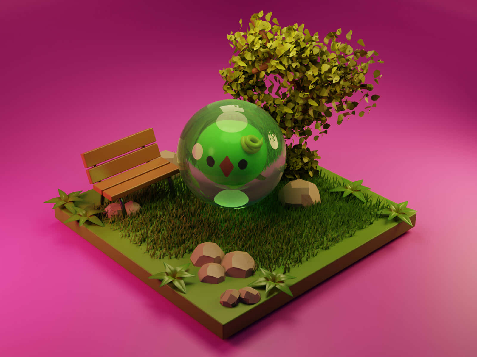 寶可夢 桌布 壁紙 — 一個風格化的3D渲染場景，在粉紅色背景上，一個綠色球形生物有臉孔，躺在草地裡，旁邊有一張木長椅和一棵小樹。