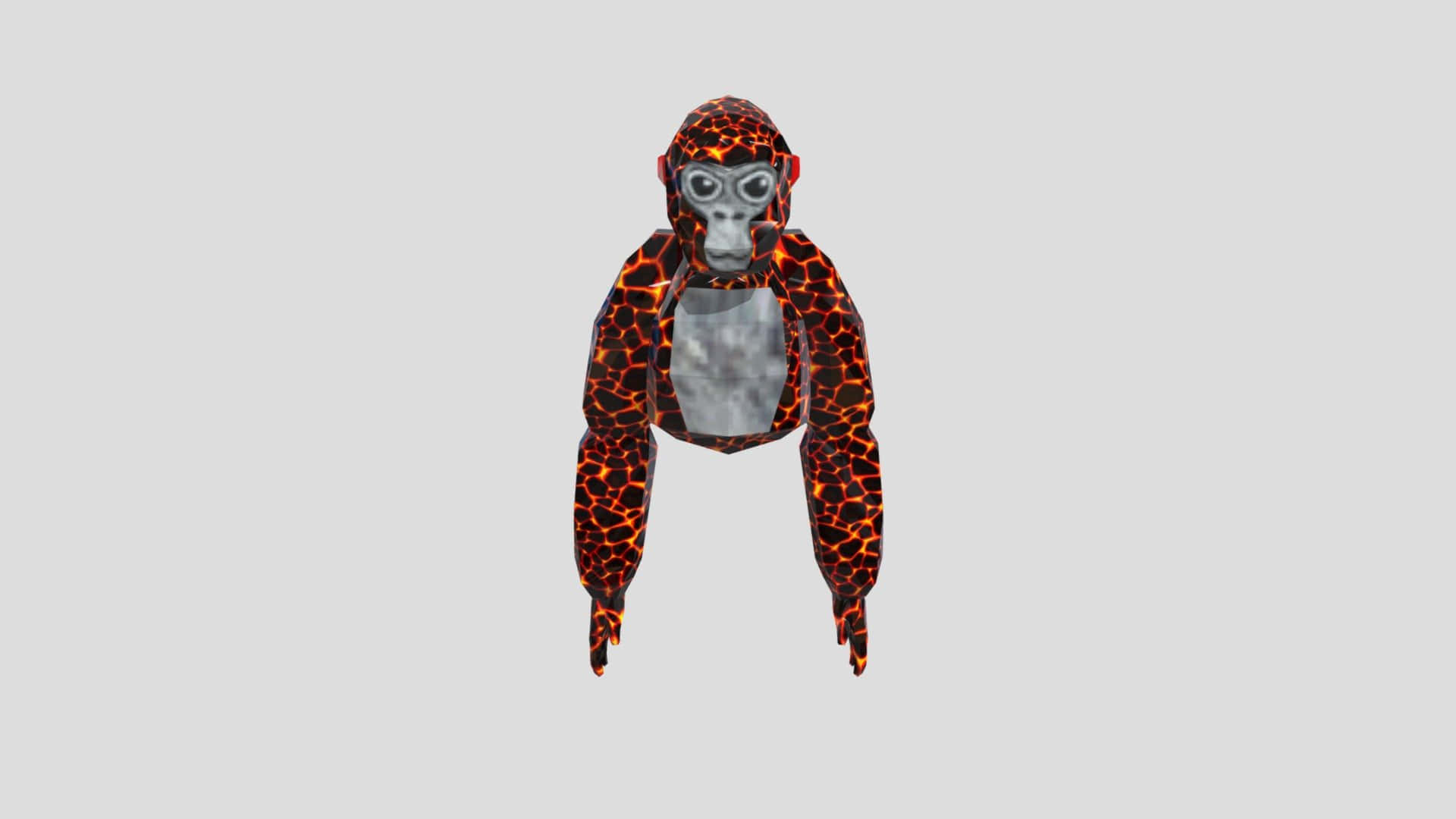 Gorilla Tag 桌布 壁紙 — 一個風格化的3D渲染大猩猩，擁有火橙色和黑色熔岩般的皮膚，背景為純灰色。