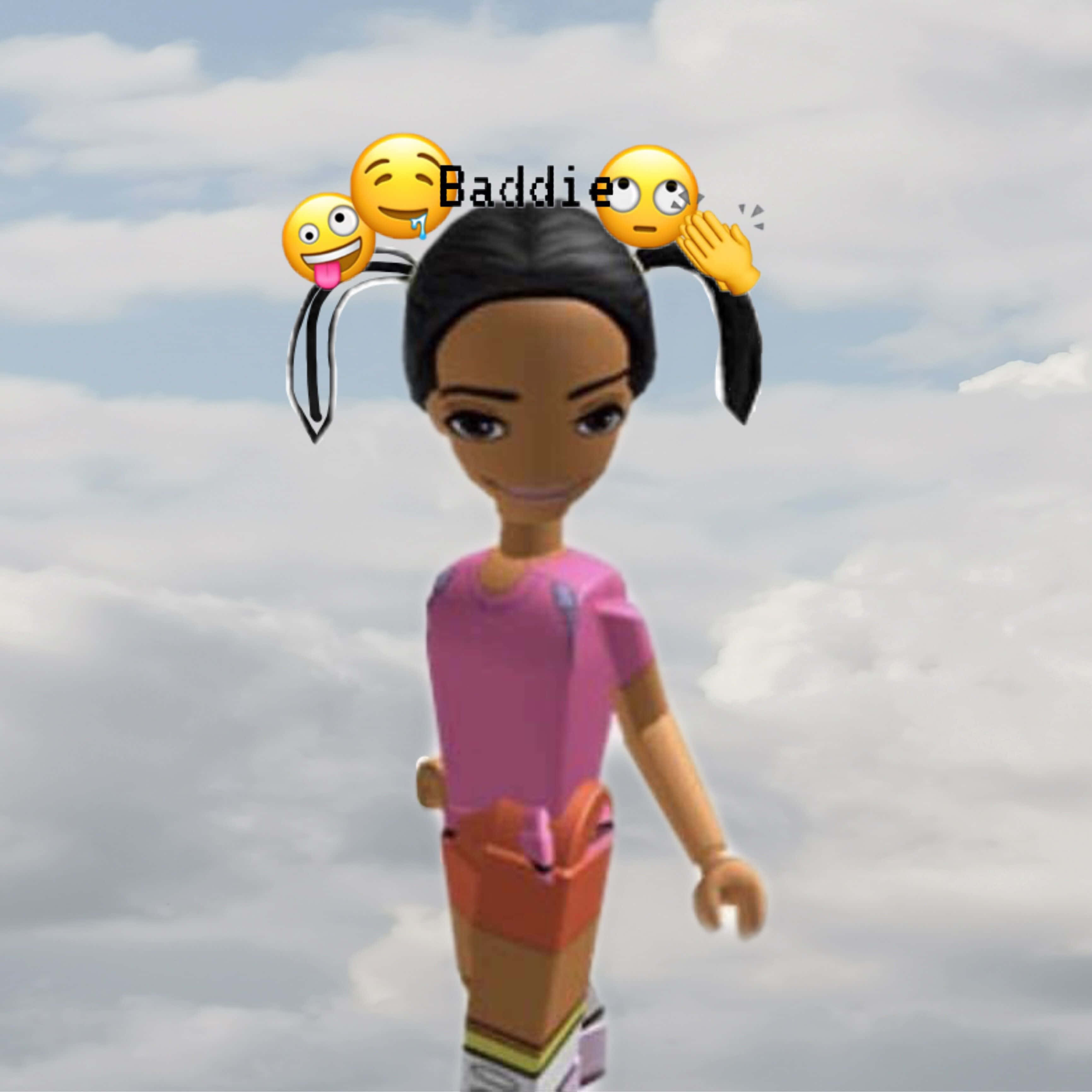 Funny Dora 桌布 壁紙 — 一個風格化的3D渲染女孩，紮著辮子並帶有表情符號配件，漂浮在陰雲密佈的天空背景前。