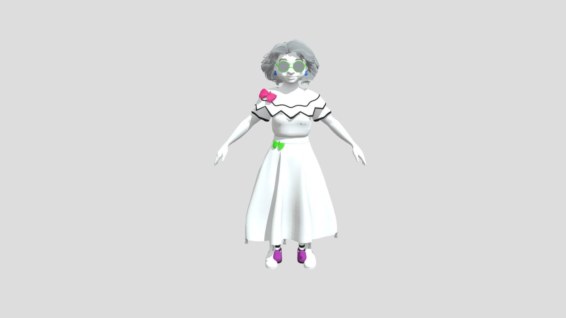 Mirabel 桌布 壁紙 — 一個風格化的3D渲染女性，灰色頭髮，綠色眼鏡，白色連衣裙帶有彩色點綴，站在純灰色背景前。