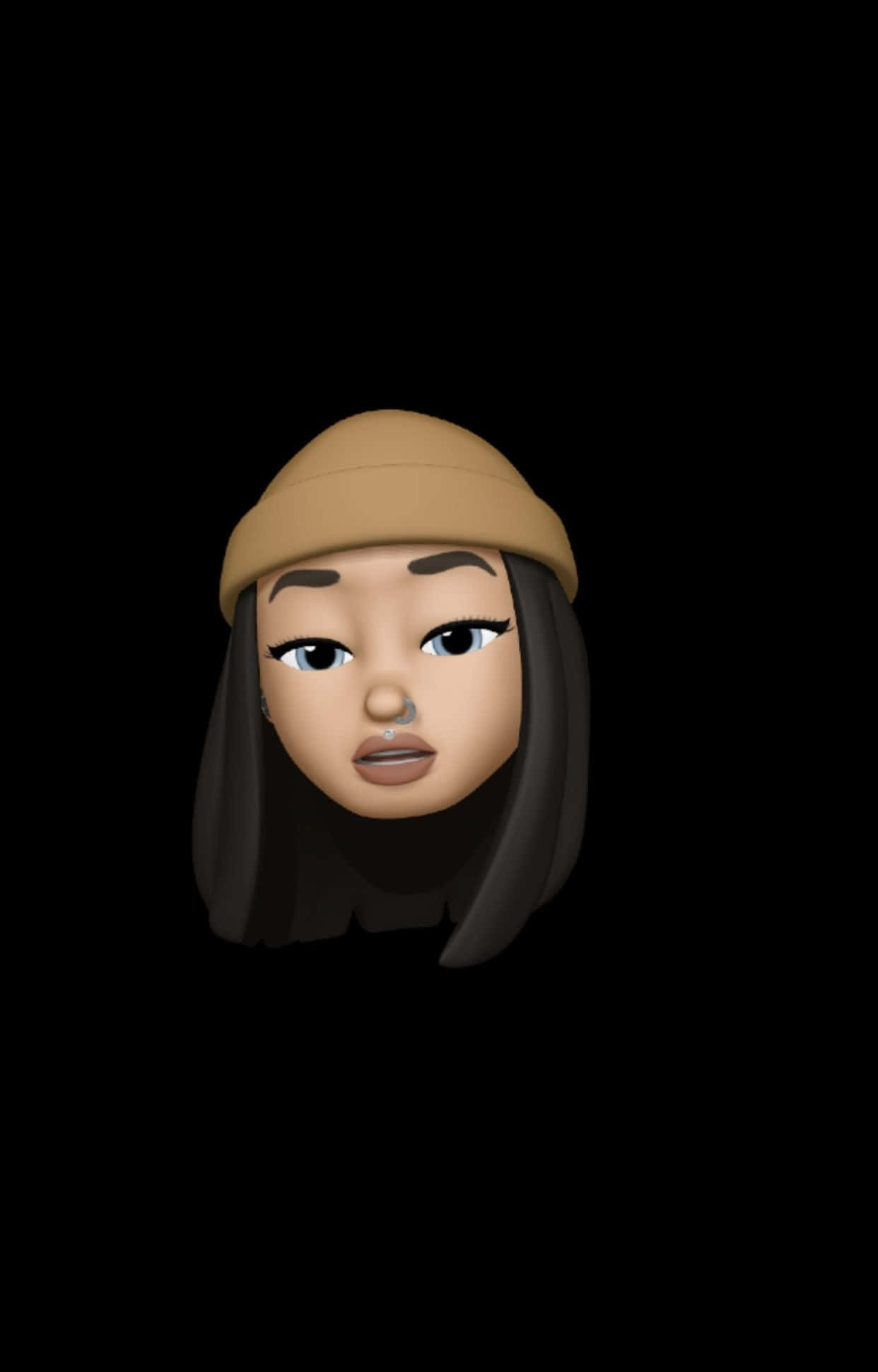 Animojis 桌布 壁紙 — 一個風格化的3D渲染女性頭像，深色頭髮，戴著米色無邊帽，背景為黑色。