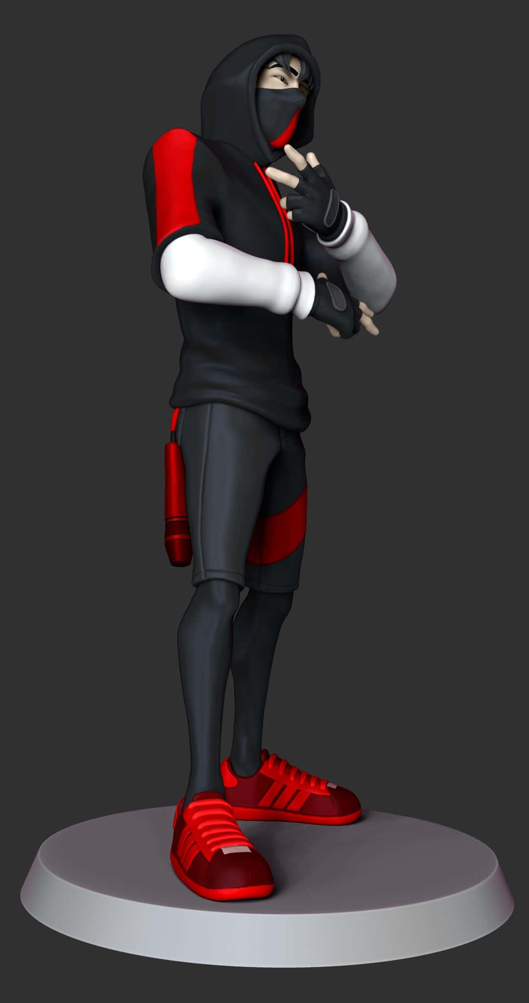 Fortnite Ikonik Skin 桌布 壁紙 — 一個風格化的3D渲染忍者人偶，身穿黑色和紅色裝備，站在灰色底座上，背景為深色。