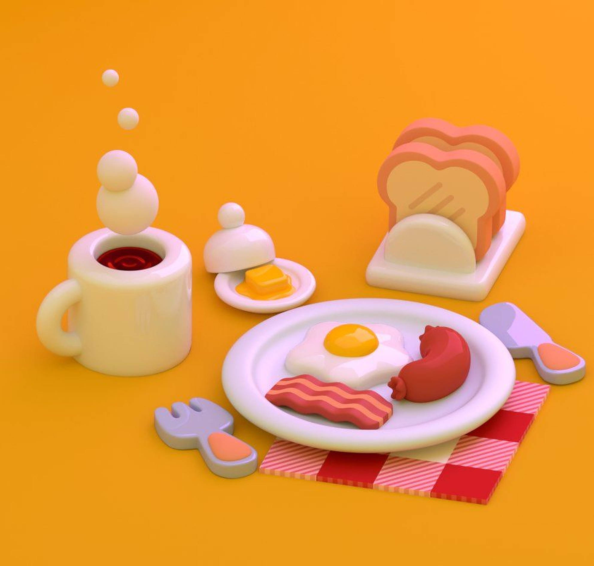 早餐 桌布 壁紙 — 一個風格化的3D渲染早餐場景，有吐司、培根、雞蛋、香腸和咖啡，放在格紋餐巾上，背景是溫暖的橙色。