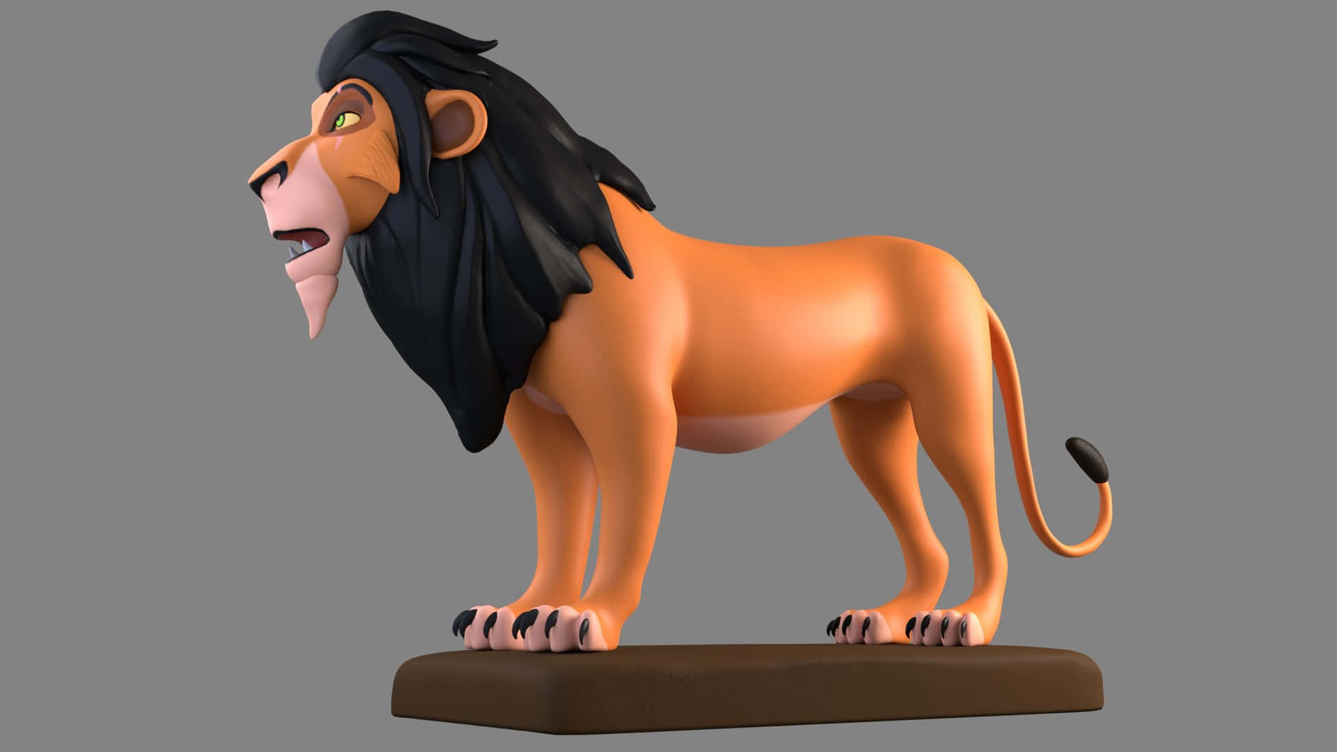 Lion King Scar 桌布 壁紙 — 一個風格化的3D渲染獅子雕像，擁有黑色鬃毛和橙色毛髮，自豪地站在棕色底座上，背景為純灰色。
