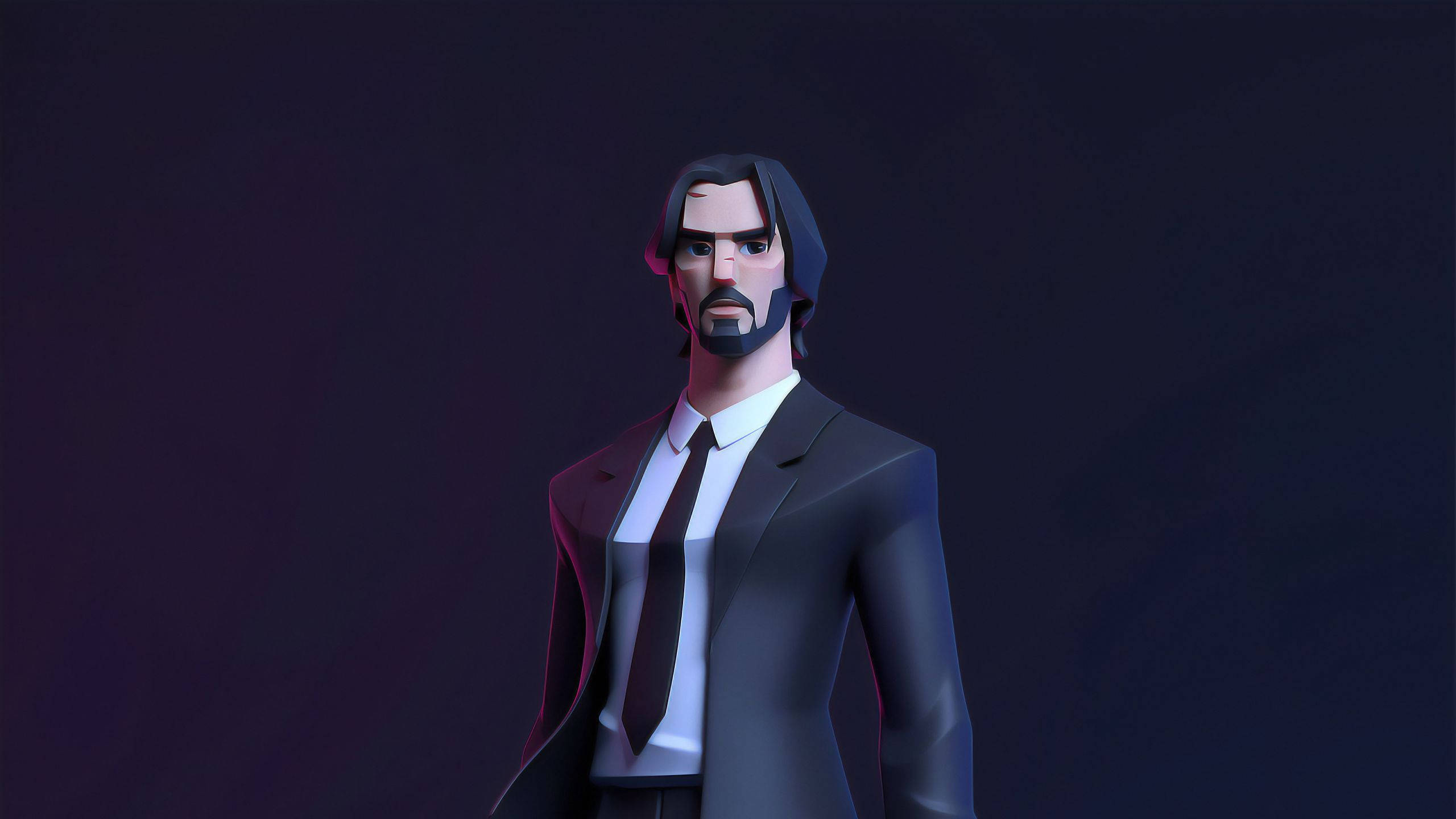 Keanu 桌布 壁紙 — 一個風格化的3D渲染男人，留著鬍子和長髮，穿著深色西裝，背景是憂鬱的紫色。