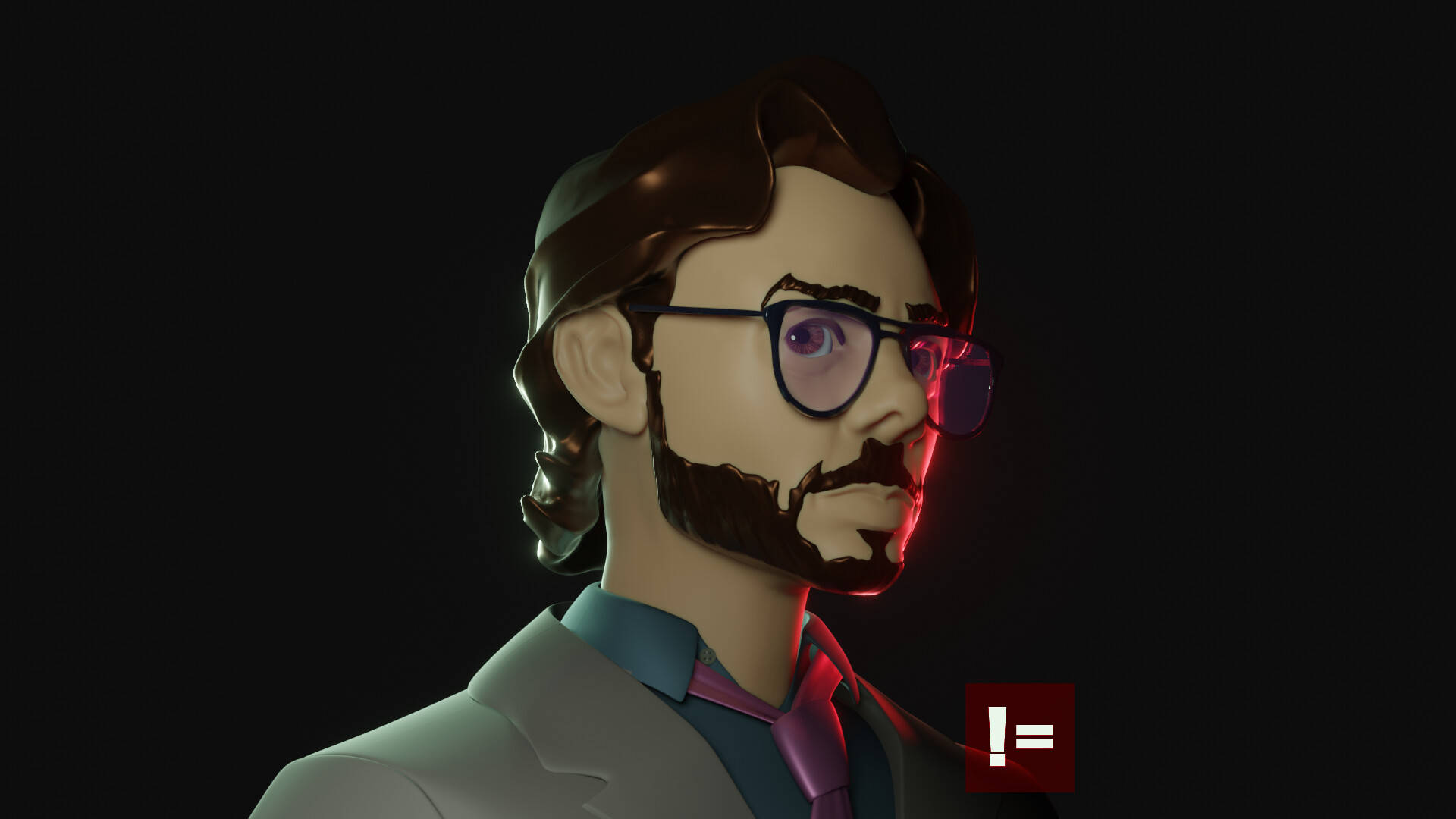 Professor 桌布 壁紙 — 一個風格化的3D渲染男子，戴著眼鏡和鬍鬚，在黑色背景上發出紅光。