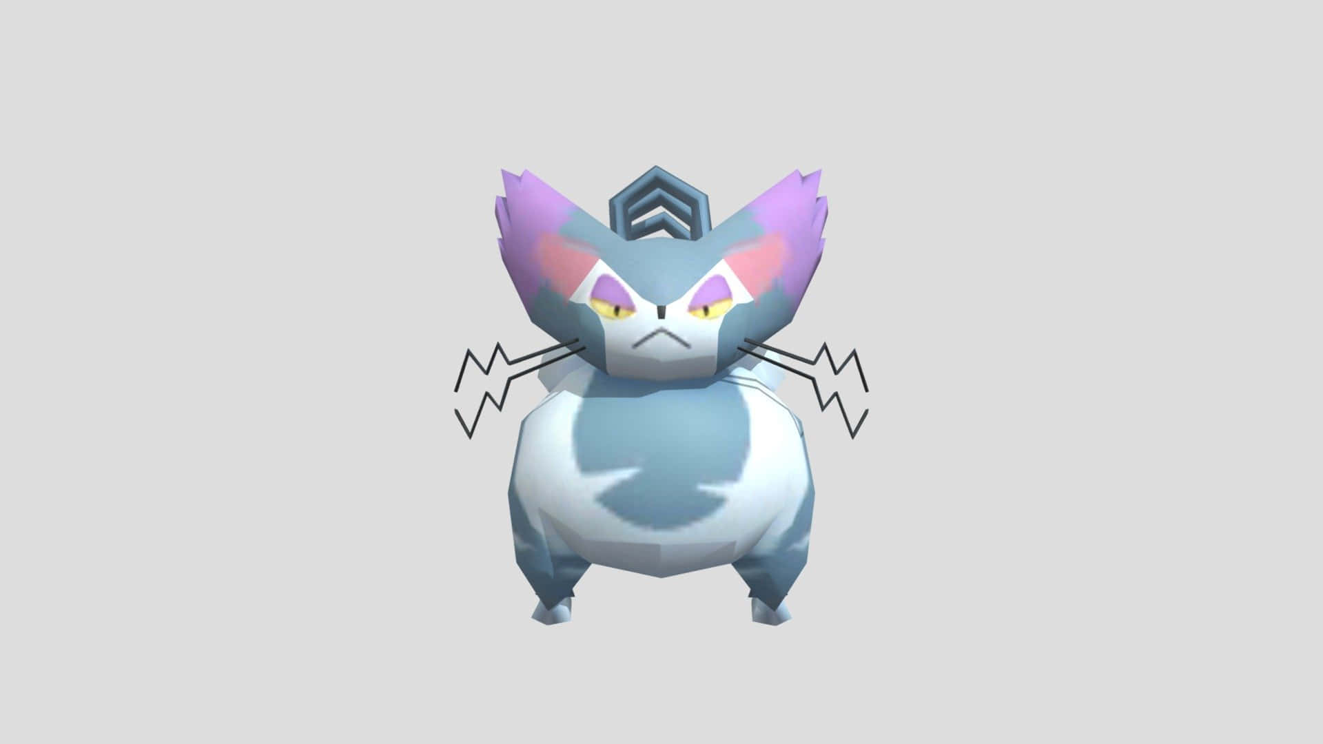 Pokemon 桌布 壁紙 — 一個風格化的3D渲染電貓寶可夢，有紫色耳朵和身體周圍的閃電，背景是純灰色。
