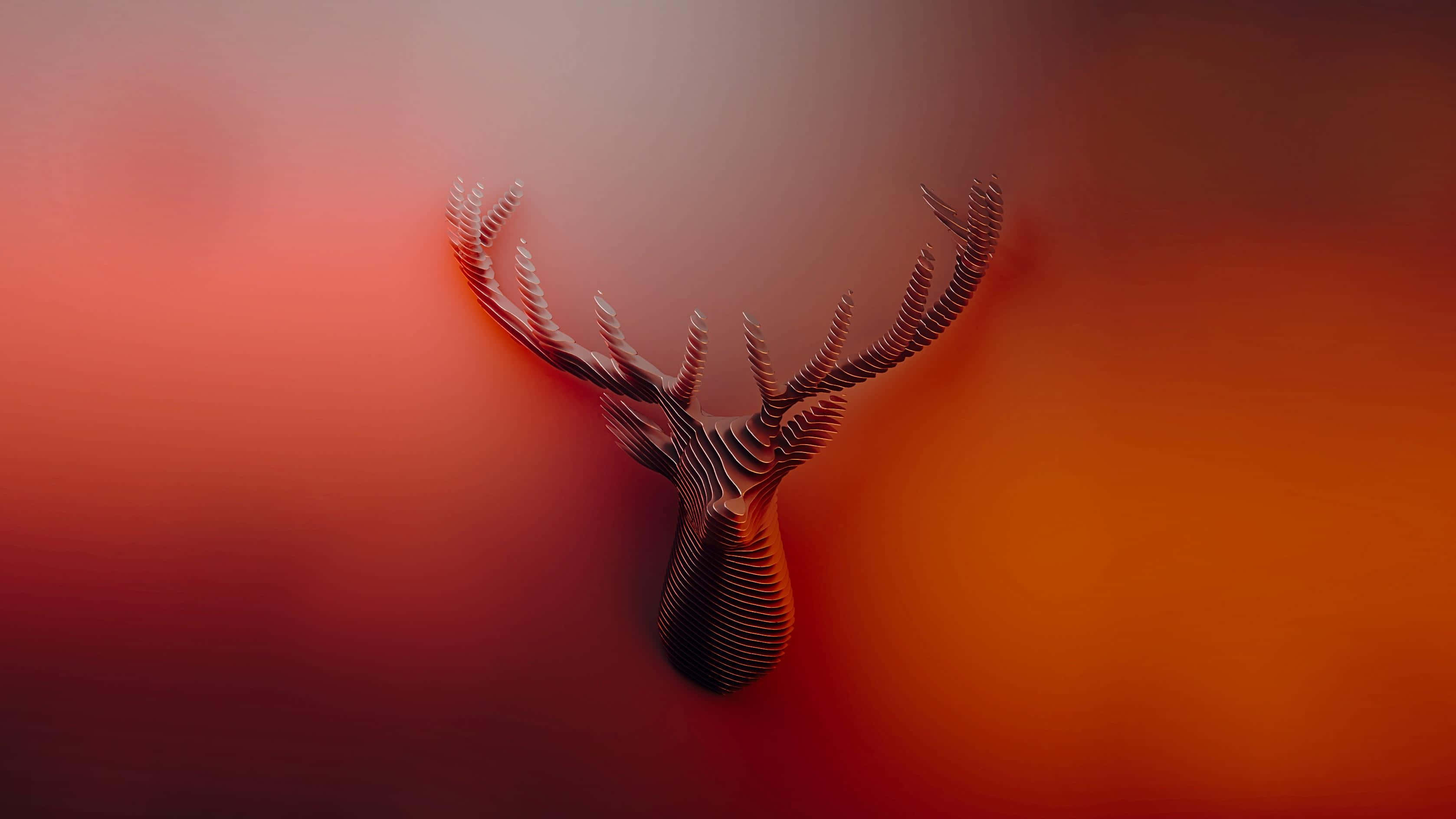 Deer Desktop 桌布 壁紙 — 一個風格化的3D渲染鹿頭，帶有分層鹿角，從暖紅色和橙色的漸變中浮現。