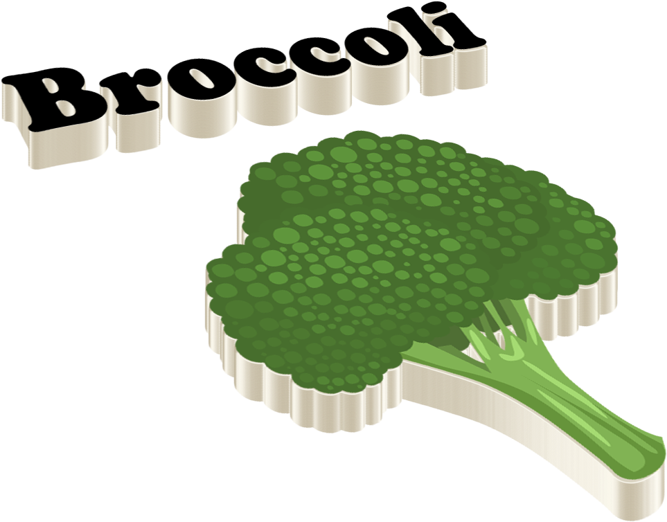 花椰菜 桌布 壁紙 — 一個風格化的3D青花菜小朵，上方有文字，背景為黑色。