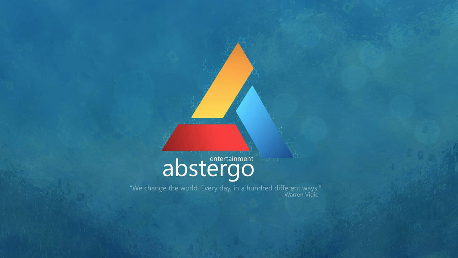 Abstergo 桌布 壁紙 — 一個風格化的Abstergo Entertainment標誌，在帶有紋理的藍色背景上呈現紅、黃、藍色的幾何形狀。