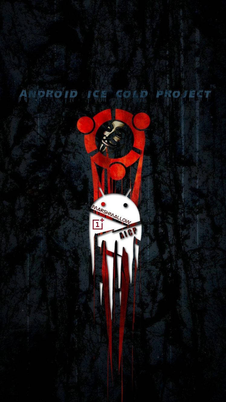 匿名 桌布 壁紙 — 一個風格化的Android吉祥物在深色紋理背景上滴下紅色液體，並帶有「ANDROID ICE COLD PROJECT」文字。