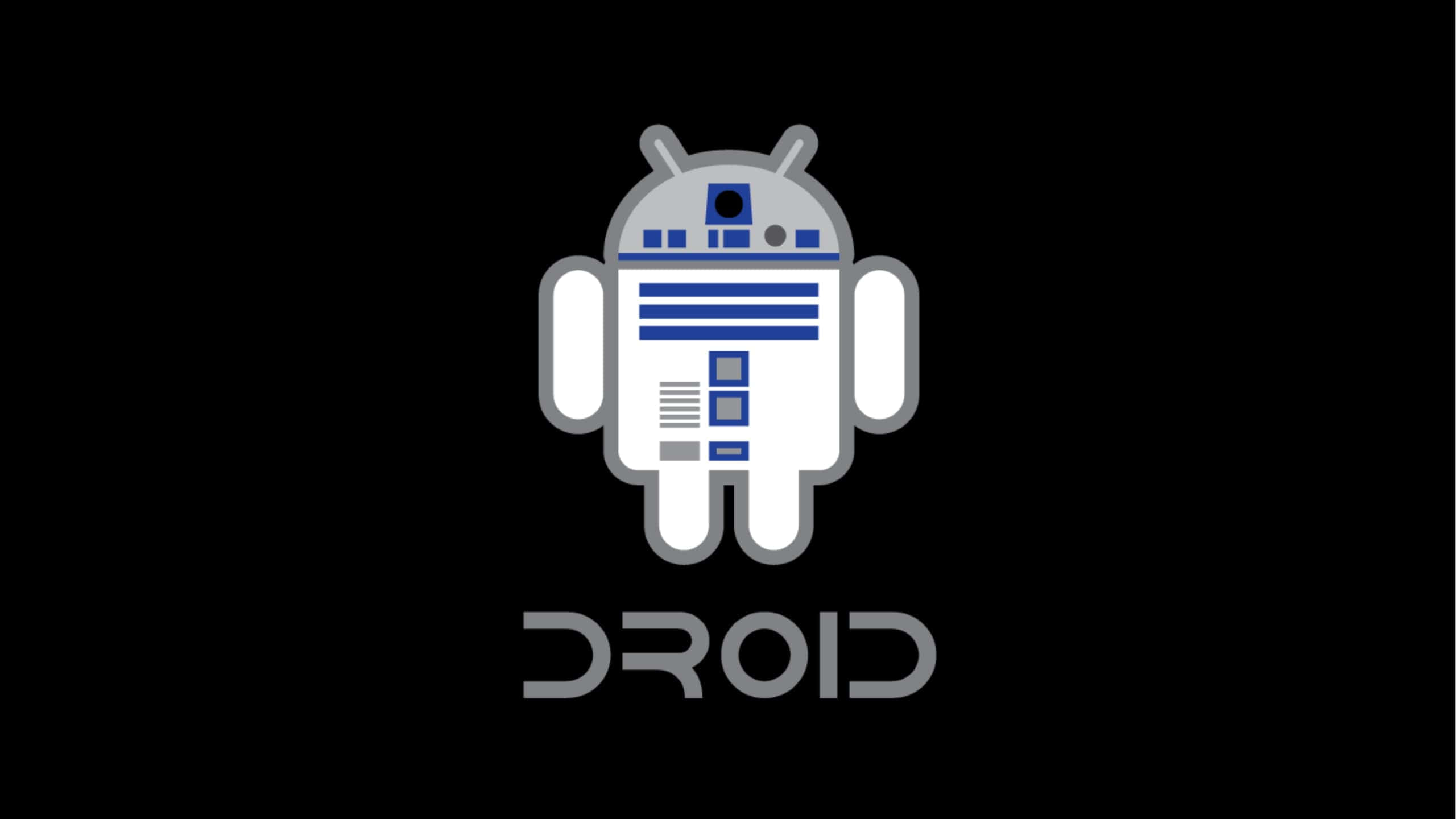桌布 壁紙 — 一個風格化的Android機器人，帶有R2-D2的設計特徵，站在黑色背景上，下方有DROID字樣。