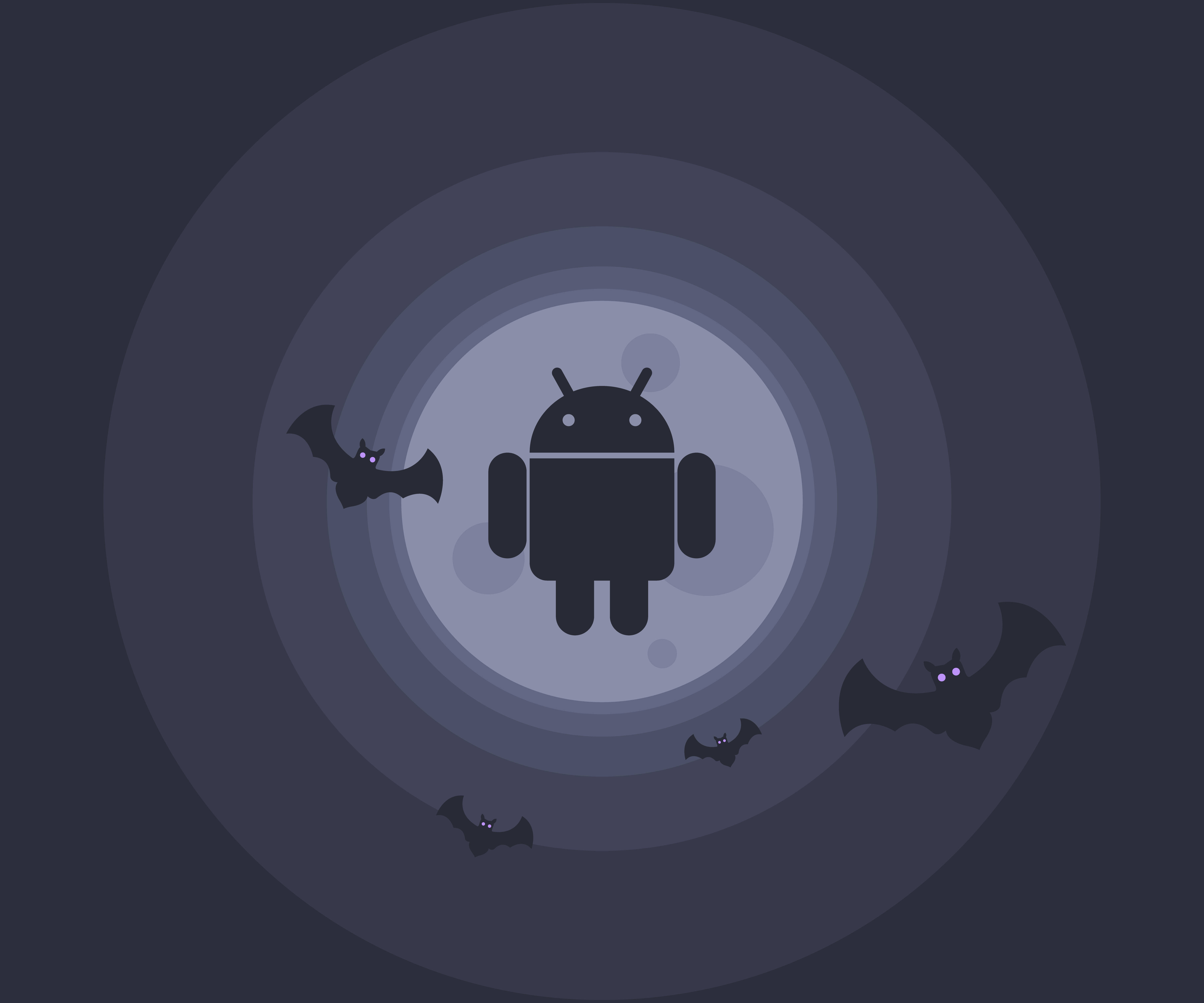 鎖屏 桌布 壁紙 — 一個風格化的Android機器人站在發光的月亮前，周圍有飛翔的蝙蝠，背景是黑暗的夜晚場景。