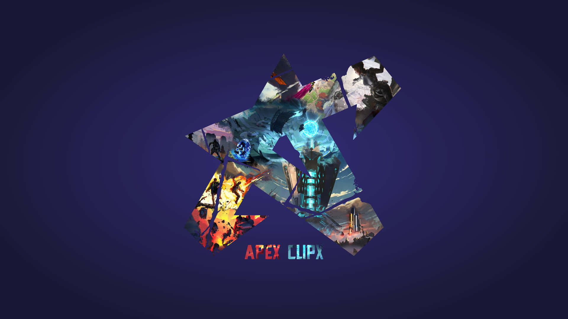 Apex Legends Logo 桌布 壁紙 — 一個風格化的Apex Legends碎片標誌，以深紫色漸變背景襯托充滿活力的遊戲場景。