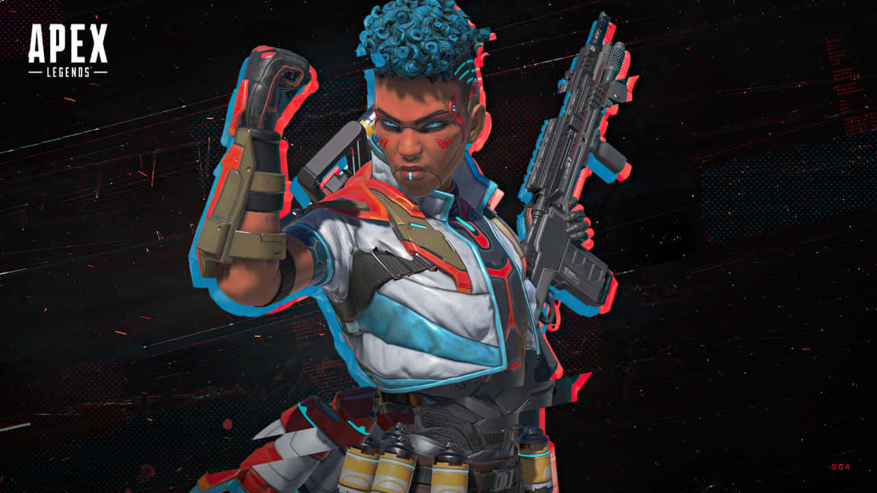 720p Apex Legends 桌布 壁紙 — 一個風格化的Apex Legends角色，擁有藍色頭髮和未來主義裝備，在黑暗的數位背景前動態擺姿勢。