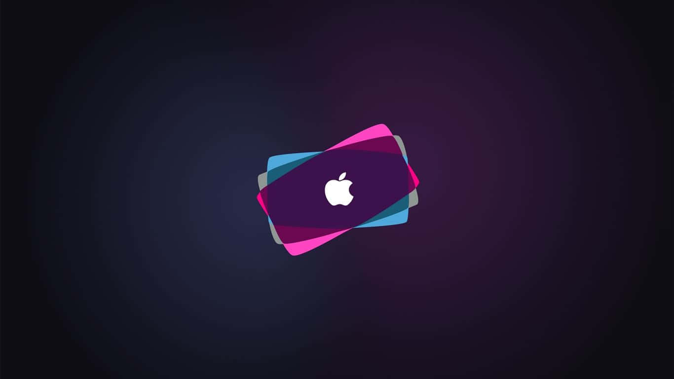 1366x768 Apple 桌布 壁紙 — 一個風格化的Apple標誌，居中放置在層疊的幾何卡片上，背景為深色漸變。