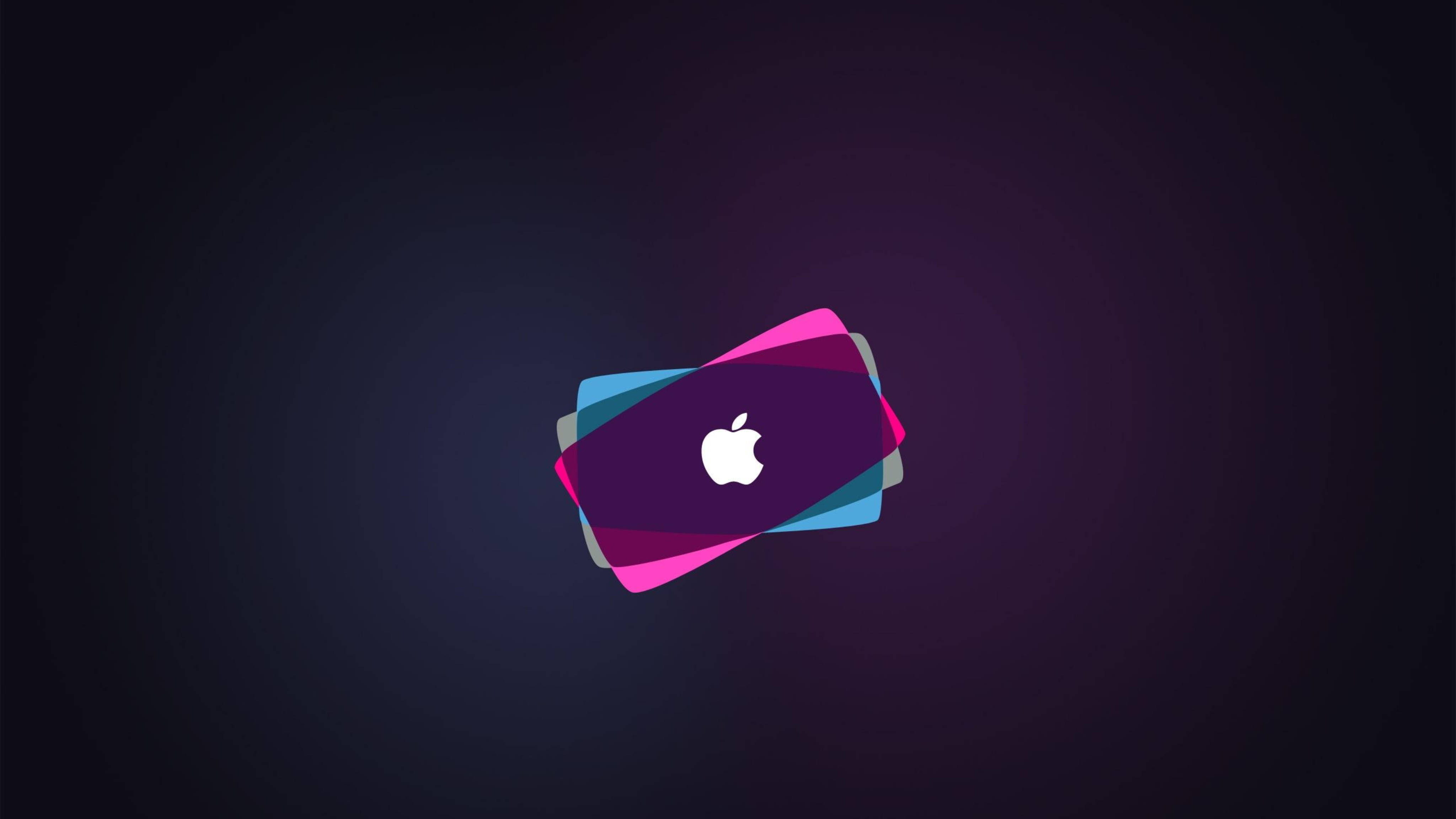 Apple 4K Ultra HD 桌布 壁紙 — 一個風格化的Apple標誌，置於層疊彩色卡片中央，背景為深色漸變。