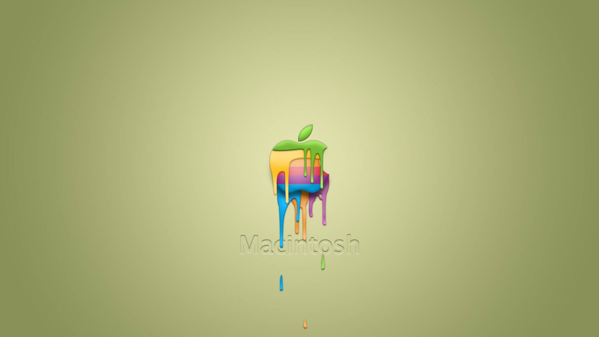 桌布 壁紙 — 一個風格化的Apple標誌在柔和的橄欖綠背景上滴落鮮豔的彩虹油漆。