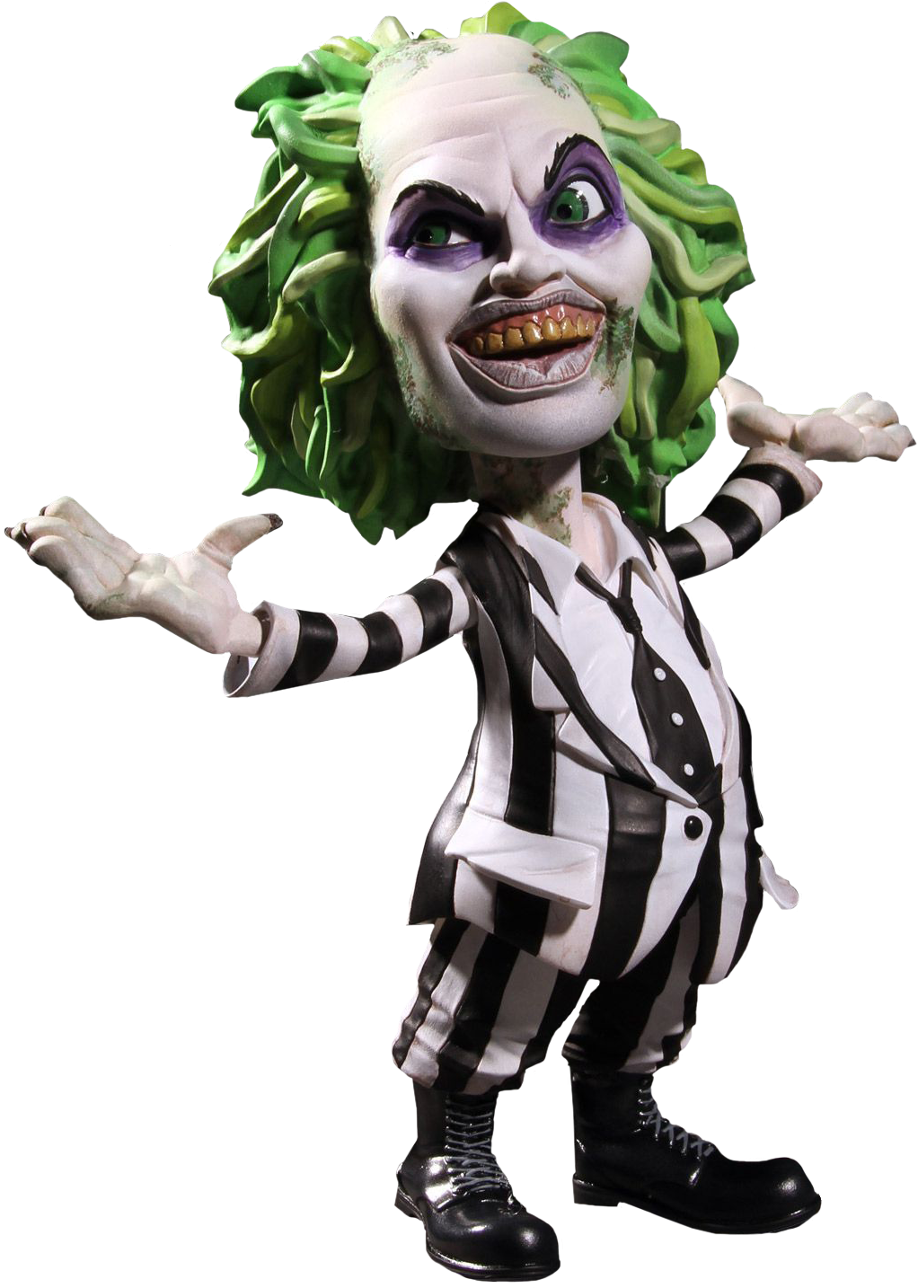 陰間大法師 桌布 壁紙 — 一個風格化的Beetlejuice公仔，綠色頭髮和條紋西裝，在黑色背景前擺姿勢。
