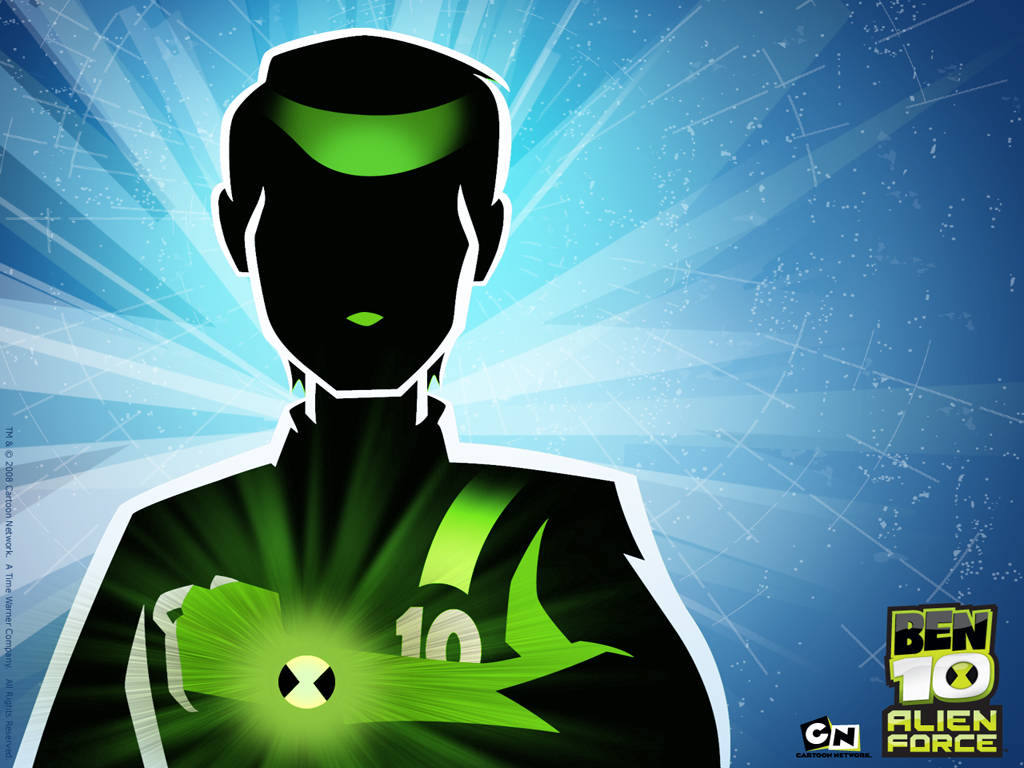 Ben 10 Omnitrix 桌布 壁紙 — 一個風格化的Ben 10 Alien Force剪影，在動態藍色背景上發出綠色光芒，並帶有輻射光束。