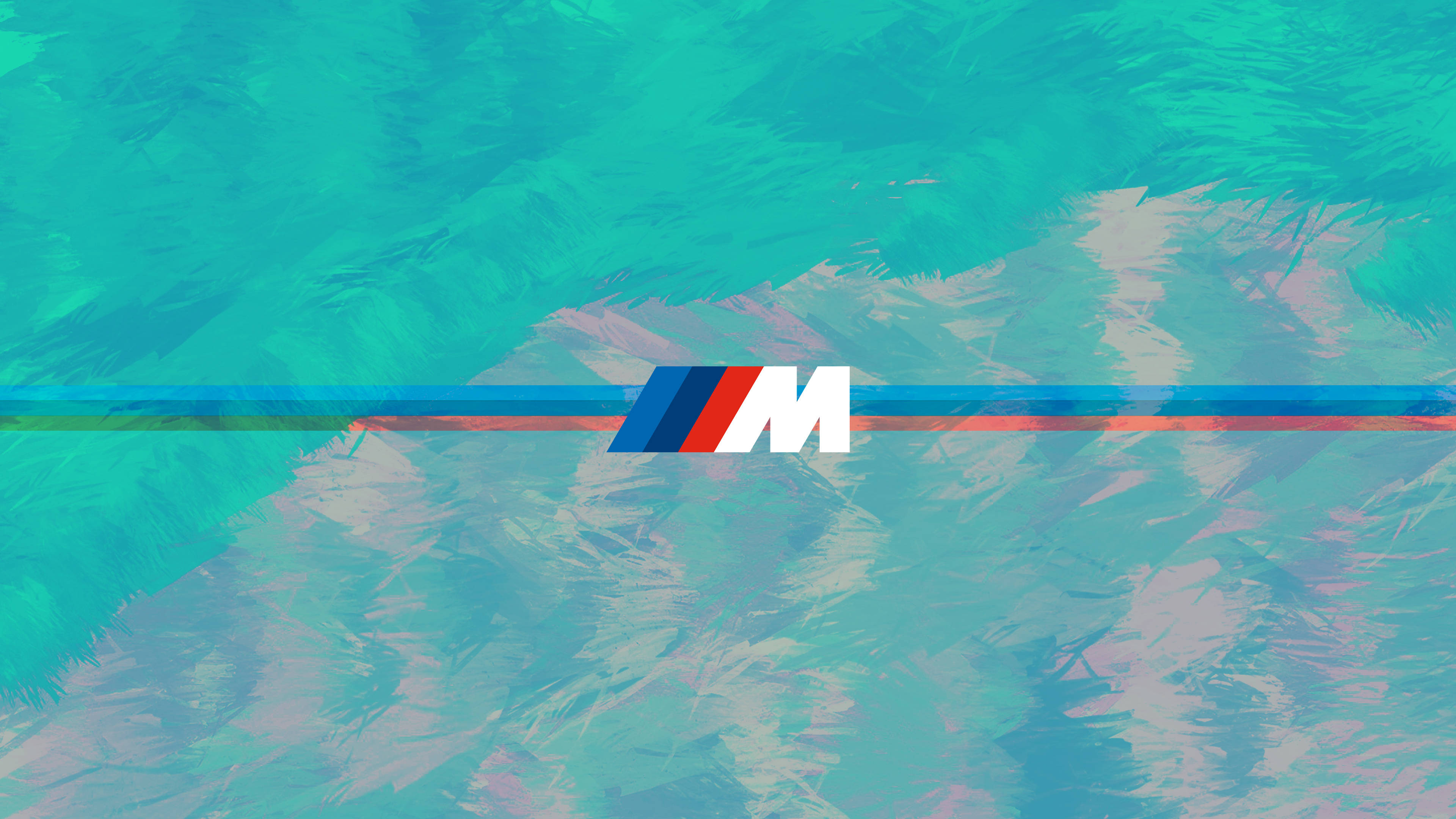青色GIF 桌布 壁紙 — 一個風格化的BMW M標誌，居中於帶有水平條紋的紋理青綠色和粉紅色抽象背景上。