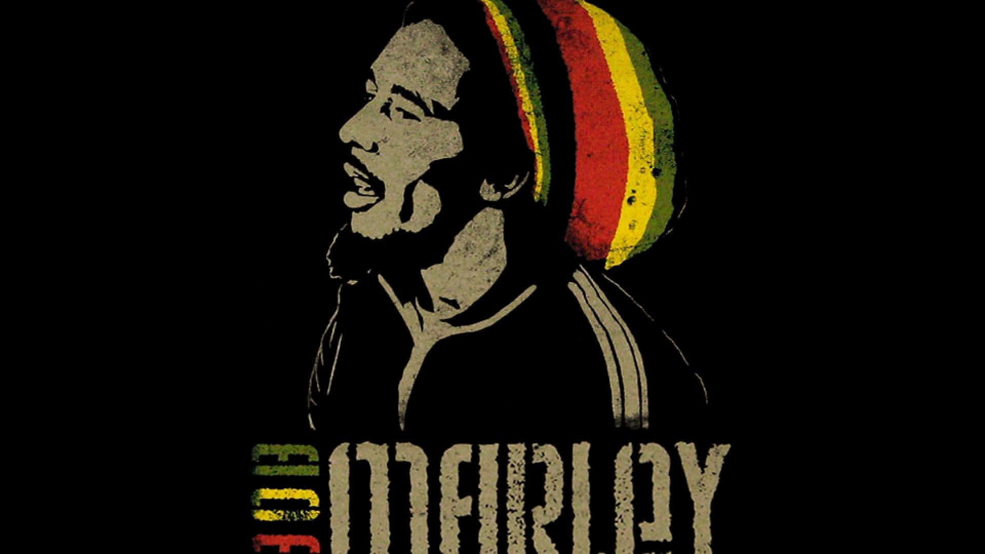 Rasta 桌布 壁紙 — 一個風格化的Bob Marley側面肖像，戴著紅黃綠色的帽子，黑色背景，下方有他的名字。