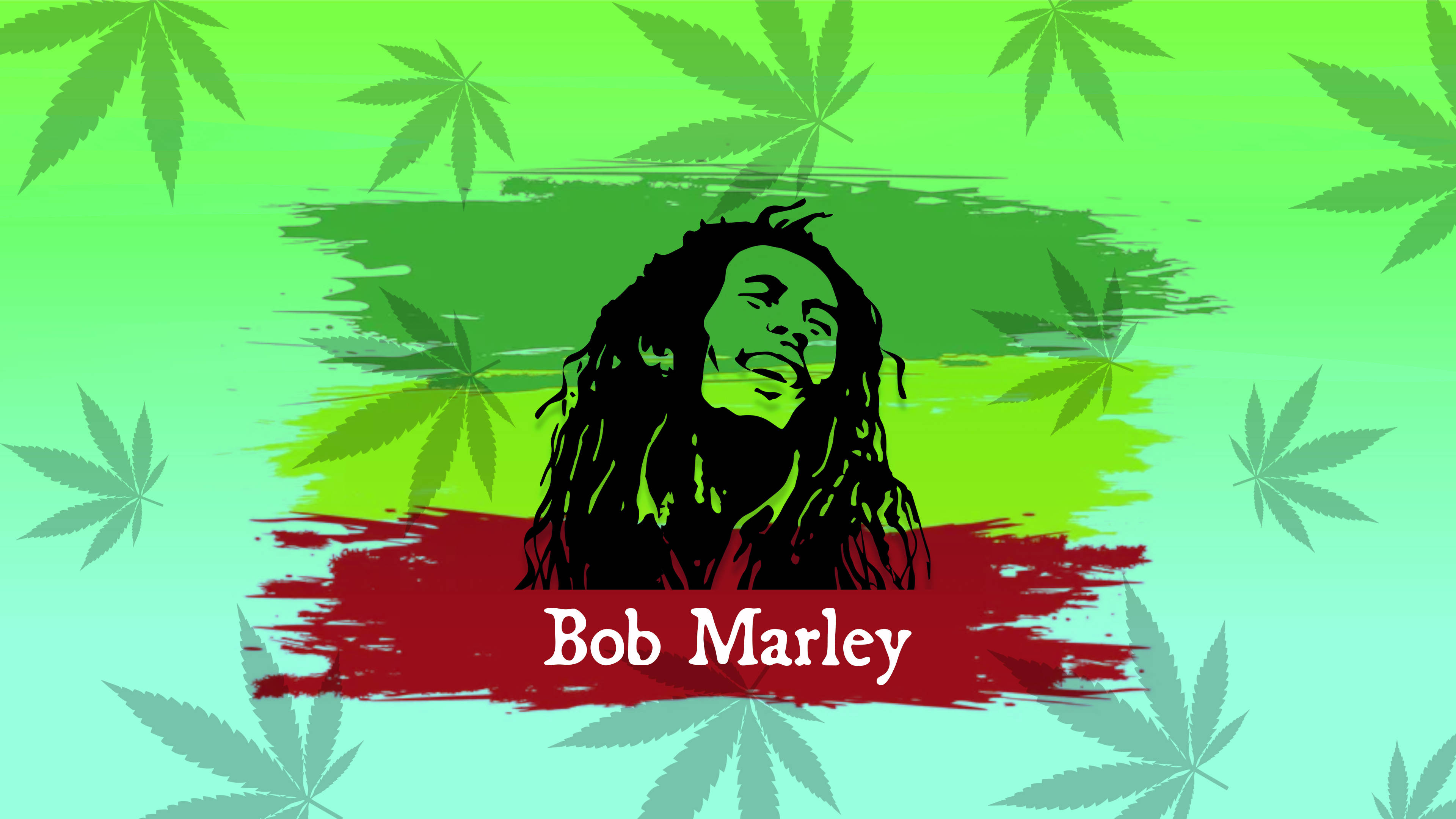 Bob Marley 桌布 壁紙 — 一個風格化的Bob Marley肖像，帶有辮子，背景是充滿活力的綠色漸變，點綴著大麻葉。
