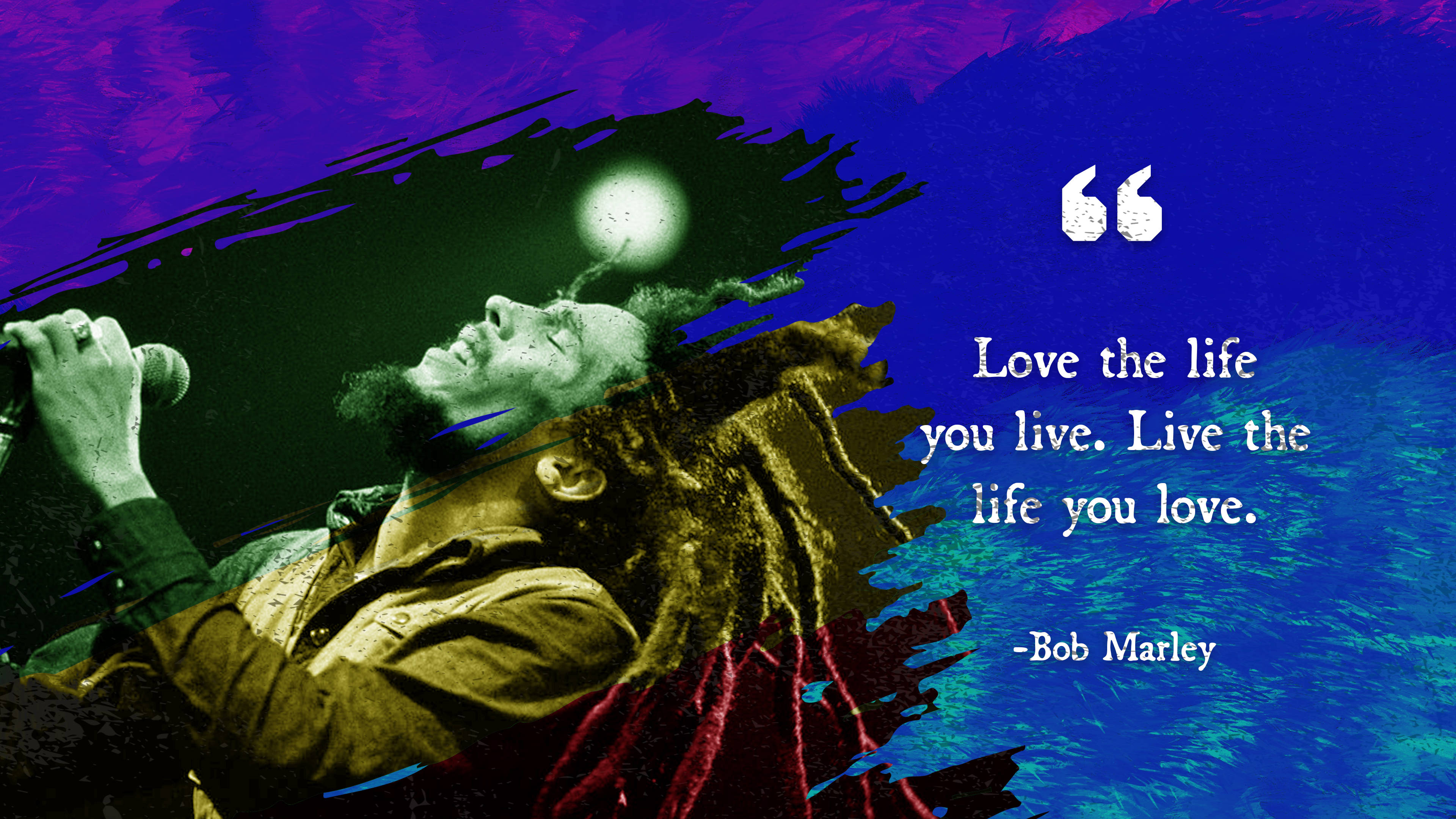 Bob Marley 桌布 壁紙 — 一個風格化的Bob Marley肖像，對著麥克風唱歌，背景是充滿活力的紫藍色抽象背景，附有他的名言。