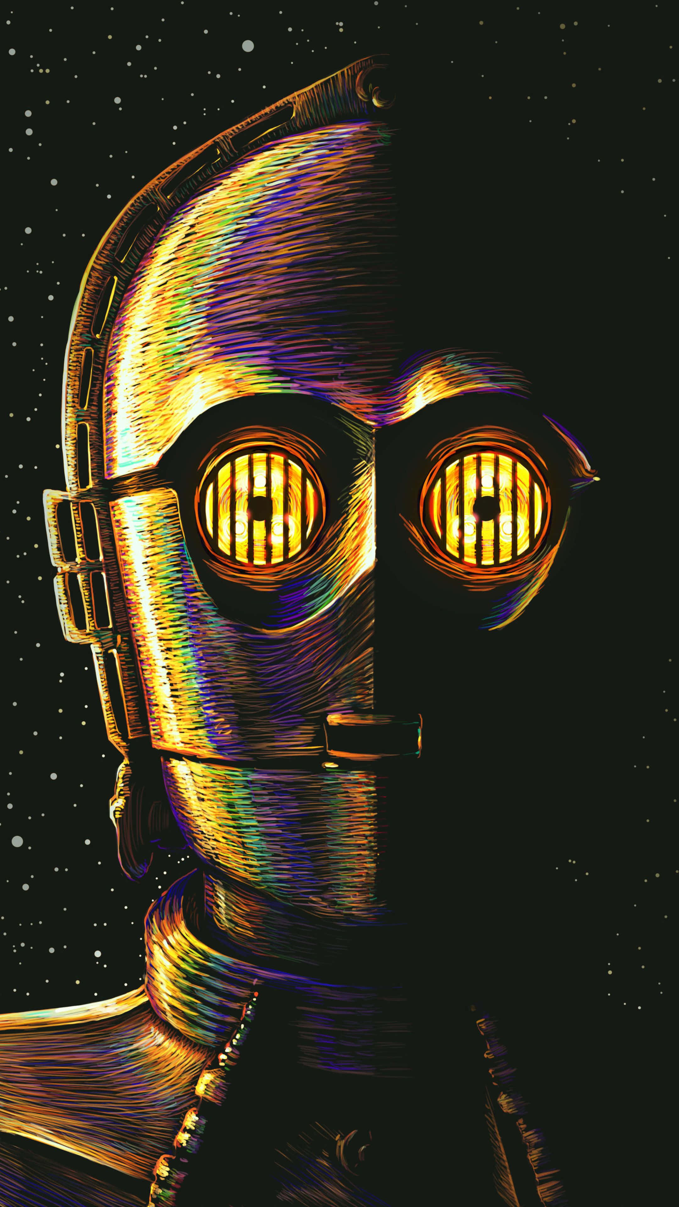C-3po 桌布 壁紙 — 一個風格化的C-3PO機器人，帶有發光的黃色眼睛，在繁星點點的太空背景下凝視，呈現鮮豔的金屬色調。