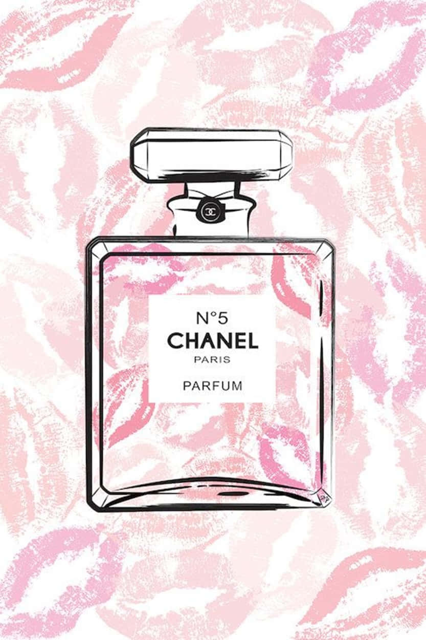 Chanel Aesthetic 桌布 壁紙 — 一個風格化的Chanel No5香水瓶，黑色輪廓，襯以柔軟粉紅色背景，上面有唇印圖案。