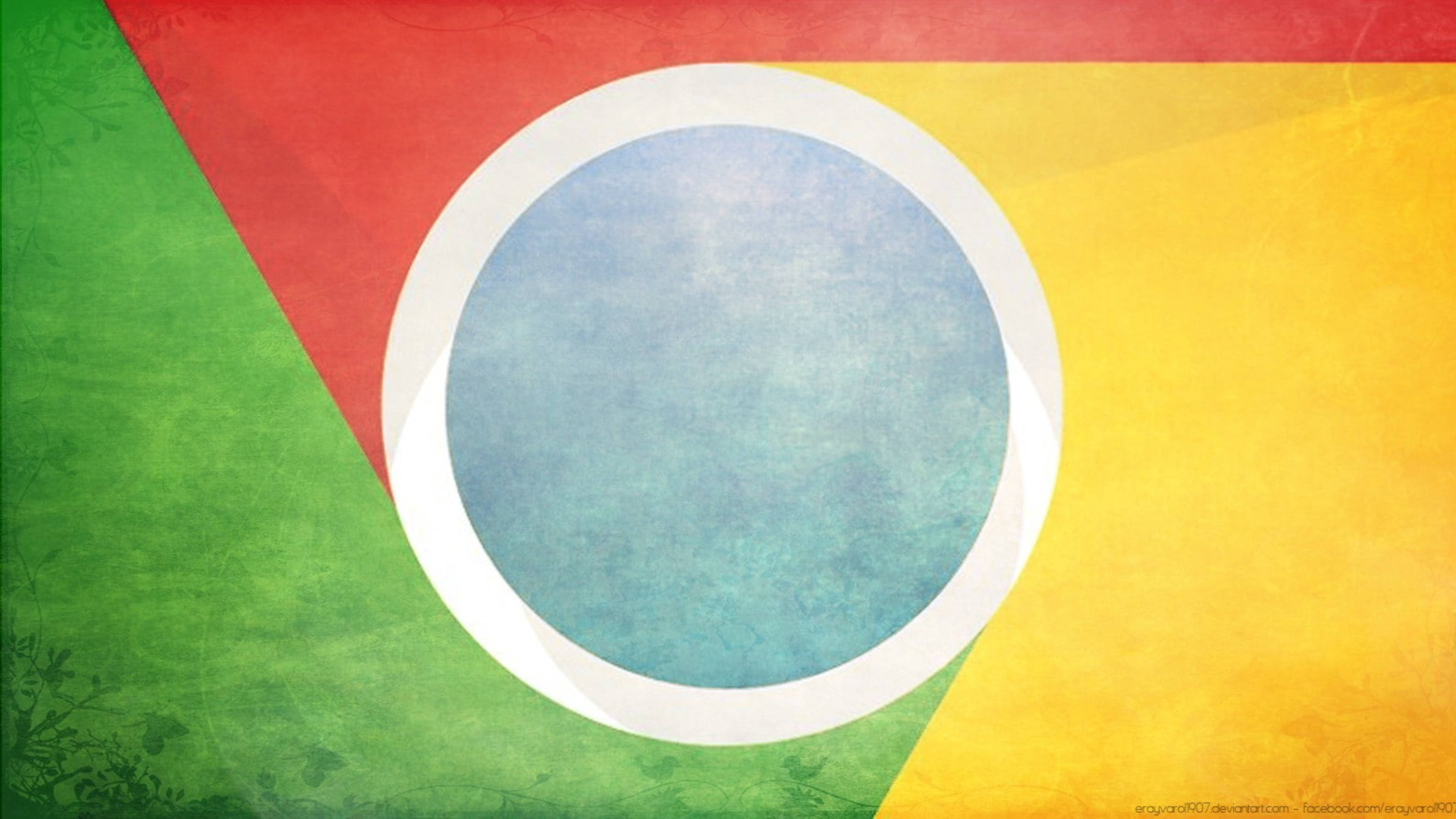 Google Chrome 桌布 壁紙 — 一個風格化的Chrome標誌，帶有紋理的紅色、綠色和黃色部分，圍繞一個帶白色邊框的藍色圓圈。