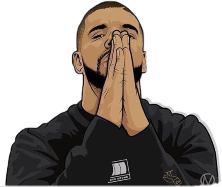 Drake 桌布 壁紙 — 一個風格化的Drake插圖，雙手合十祈禱，背景為黑色。