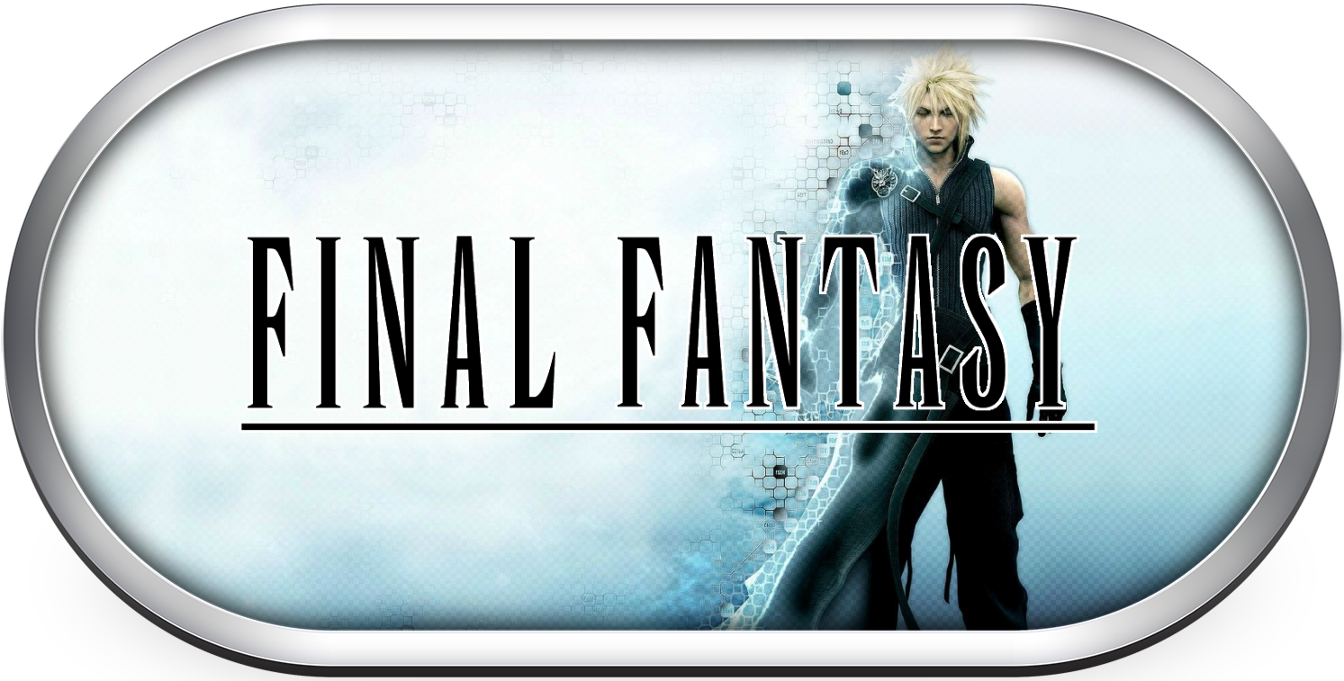 賽菲羅斯 桌布 壁紙 — 一個風格化的Final Fantasy標誌，一個尖刺頭髮的戰士站在雲霧藍色背景前，置於銀色橢圓框架內。