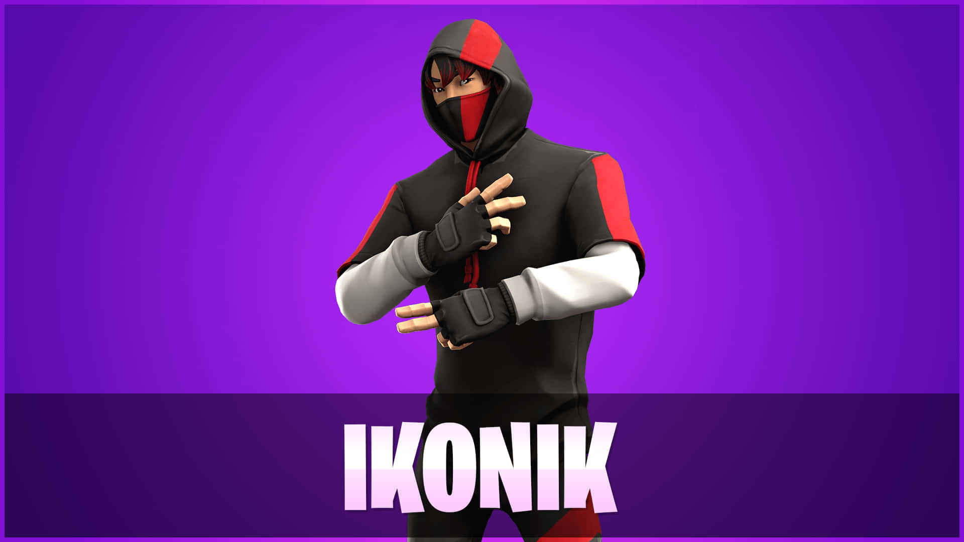 Fortnite Ikonik Skin 桌布 壁紙 — 一個風格化的Fortnite角色穿著黑、紅、白連帽衫，在充滿活力的紫色漸變背景前擺姿勢。