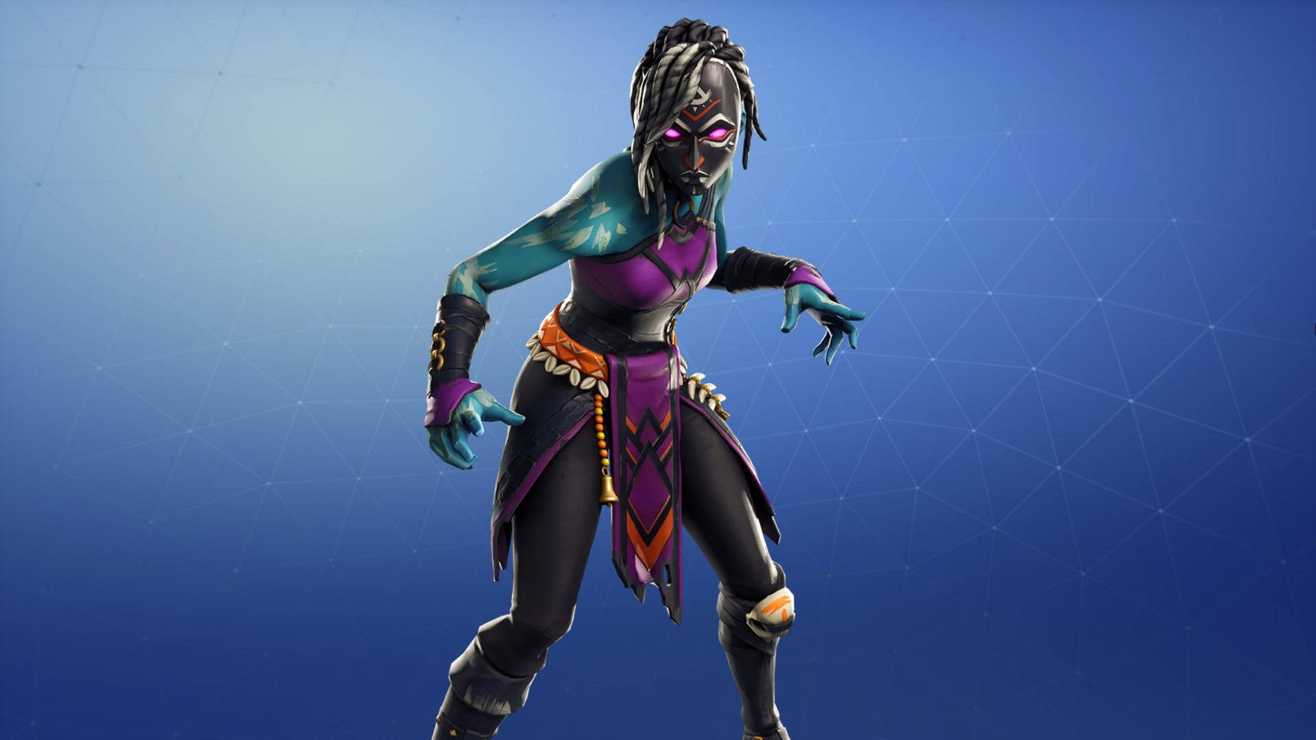 電玩遊戲 桌布 壁紙 — 一個風格化的Fortnite角色，擁有發光的紫色眼睛和青綠色皮膚，在藍色幾何背景前擺出動態姿勢。