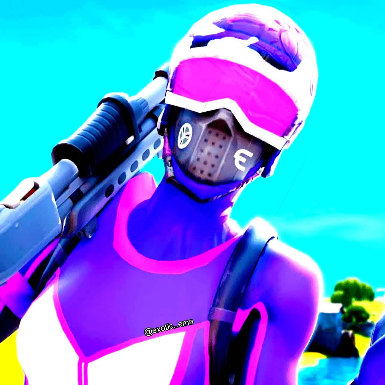 Mask 桌布 壁紙 — 一個風格化的Fortnite角色，身穿霓虹紫色和粉紅色裝備，在明亮的青色天空下持步槍。