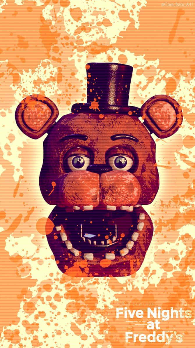 Freddy 桌布 壁紙 — 一個風格化的Freddy Fazbear機械人偶，戴著高頂帽，咧嘴大笑，背景是橙色飛濺圖案。