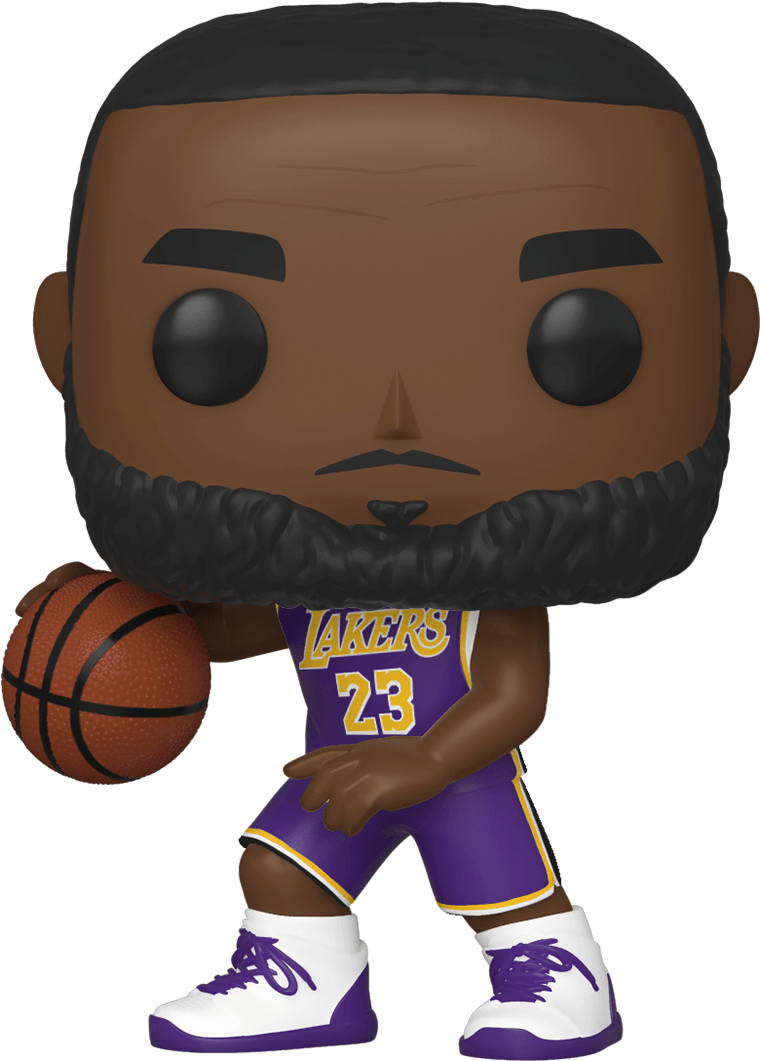 洛杉磯湖人 桌布 壁紙 — 一個風格化的Funko Pop LeBron James公仔，身穿湖人隊球衣，在黑色背景前手持籃球。