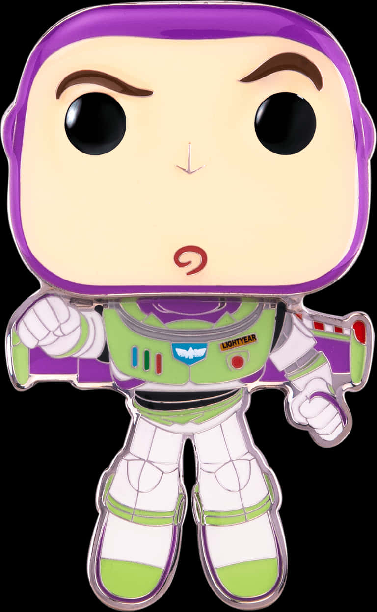 Toy Story Characters 桌布 壁紙 — 一個風格化的Funko Pop!巴斯光年徽章，身穿標誌性綠色和紫色太空服，表情堅定。
