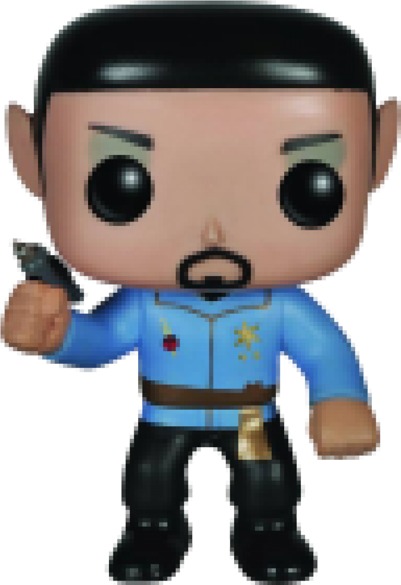 史巴克 桌布 壁紙 — 一個風格化的Funko Pop公仔，Spock穿著藍色制服並帶有金色徽章，手持相位槍。